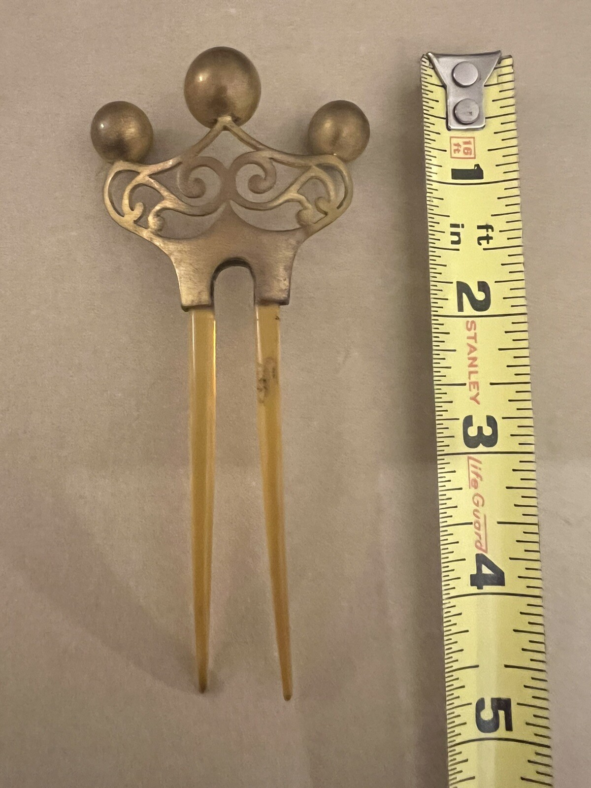 Vintage Hair Comb/Fork Amber Toned Brass Top