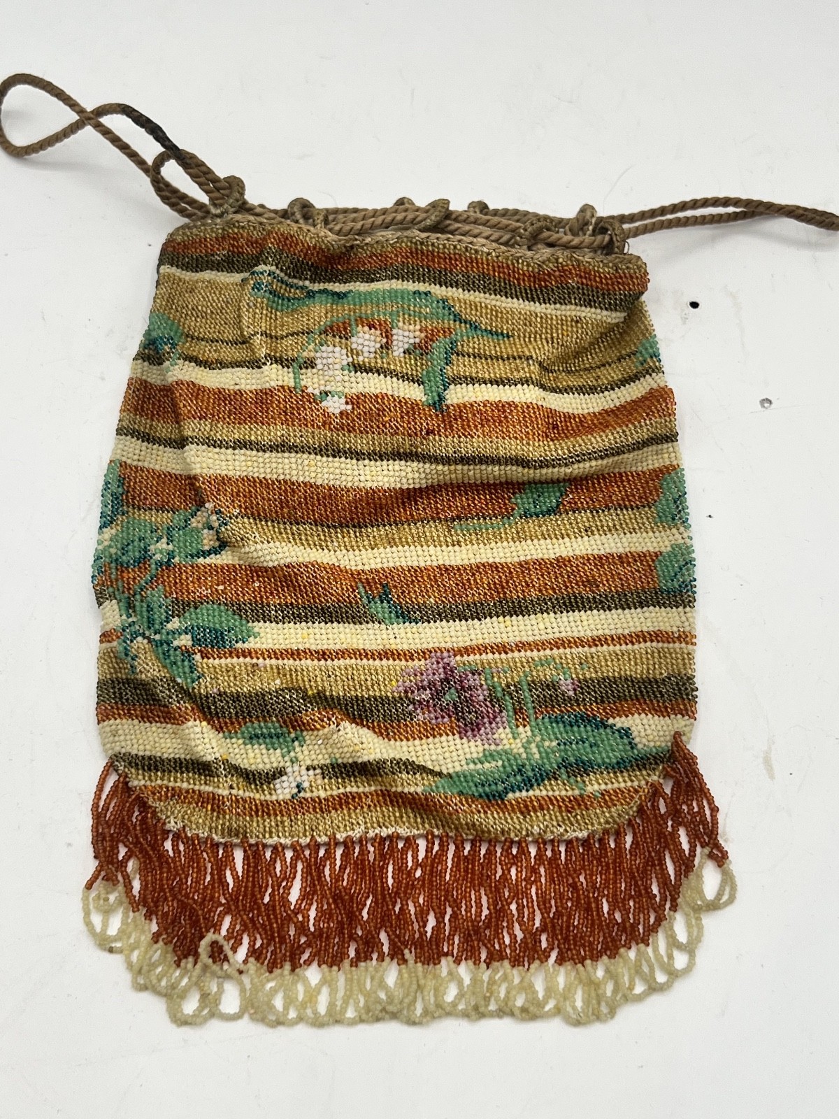 Antique French Victorian Beaded Drawstring purse with floral design & Fringe