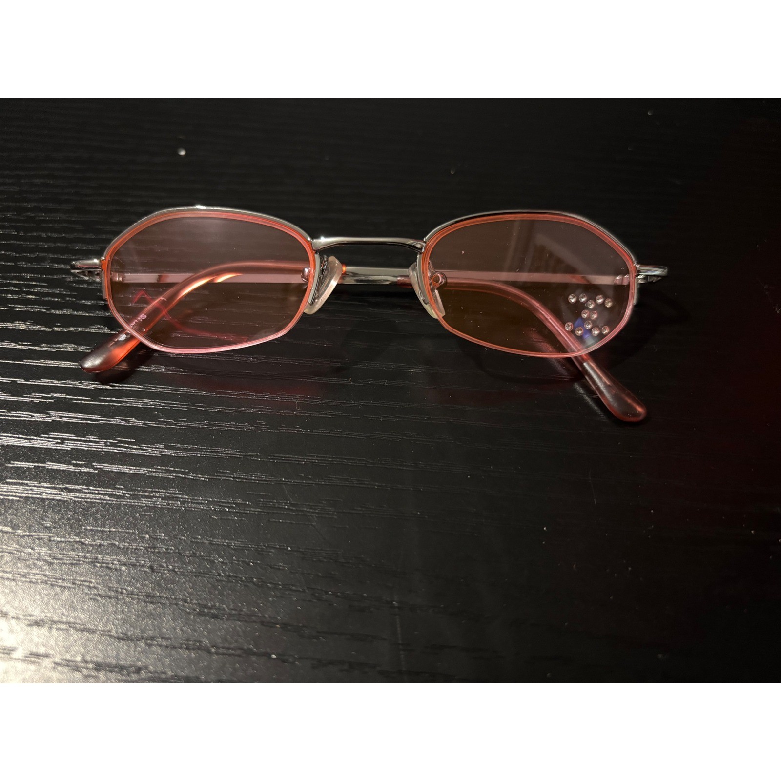 Vintage Y2K Pink Tinted Oval Sunglasses Silver Frame Rhinestone Accents Retro