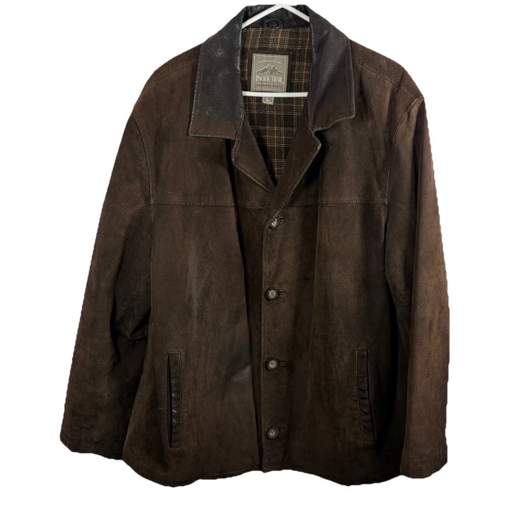 Vintage Pacific Trail Brown Suede Leather Jacket Sz L Buttons Ranch Patina
