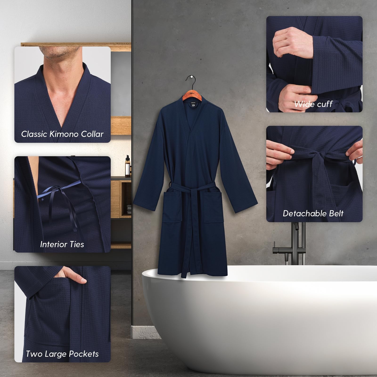 FashGudim Mens Lightweight Waffle Knit Robe Soft Large-X-Large Tall, Navy
