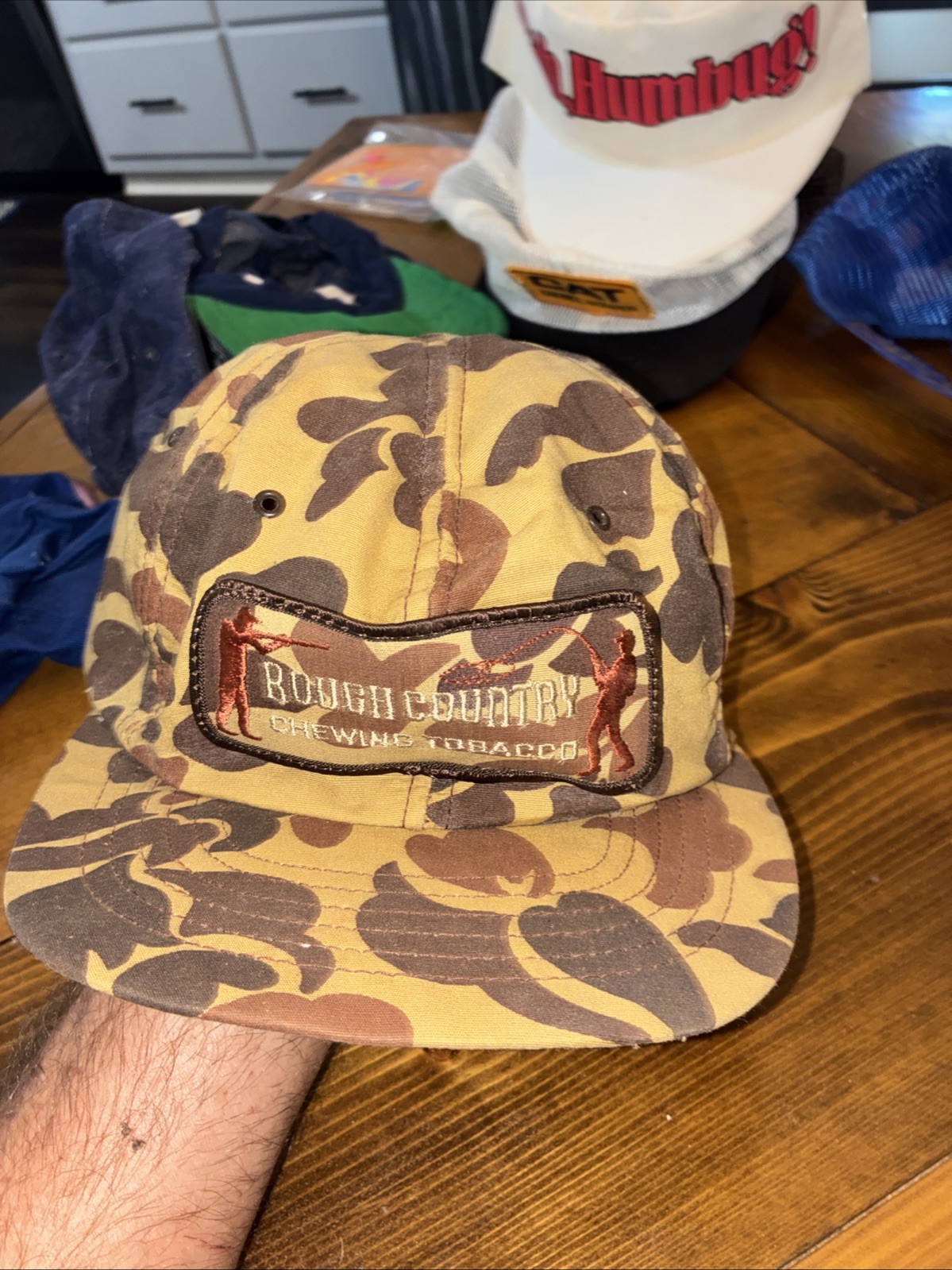 Vtg Rough Country Hunters Choice Chewing Tobacco K BRAND Camo Snapback Hat Patch
