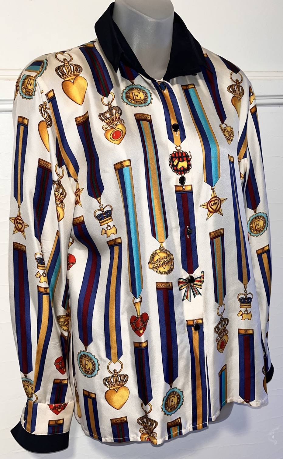 Vintage ESCADA 100% Silk Glamour Medals of Honor Button Down L/S Shirt Sz 36 6
