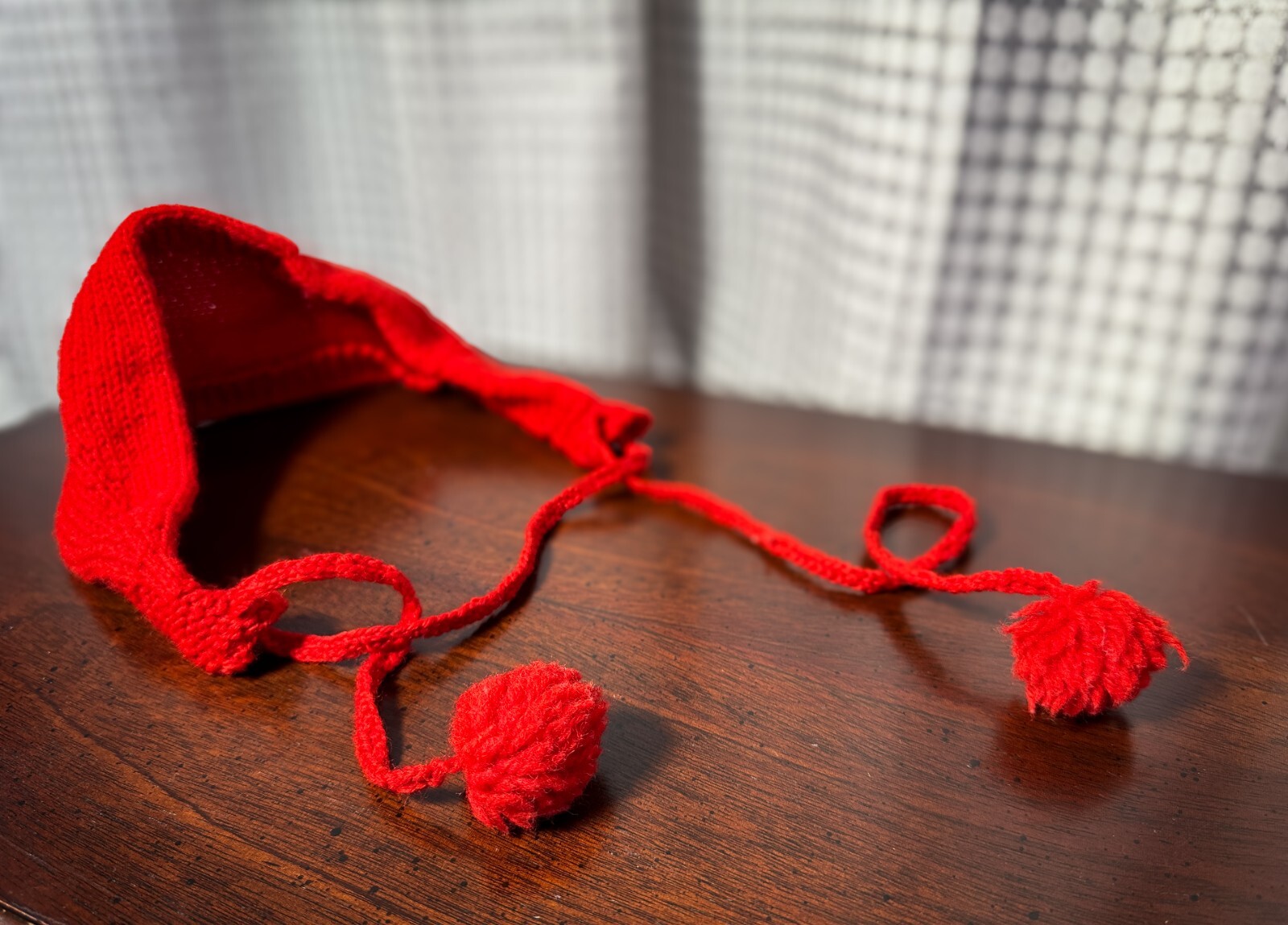 True Vintage Mid Century Handmade Red Knit Tied Headband Ear Warmer w Pom Poms