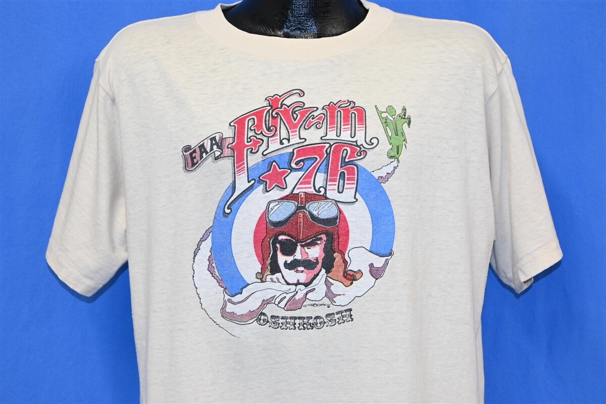 vintage 70s EAA FLY IN 1976 OSHKOSH PILOT AIRPLANE AIRCRAFT t-shirt LARGE L