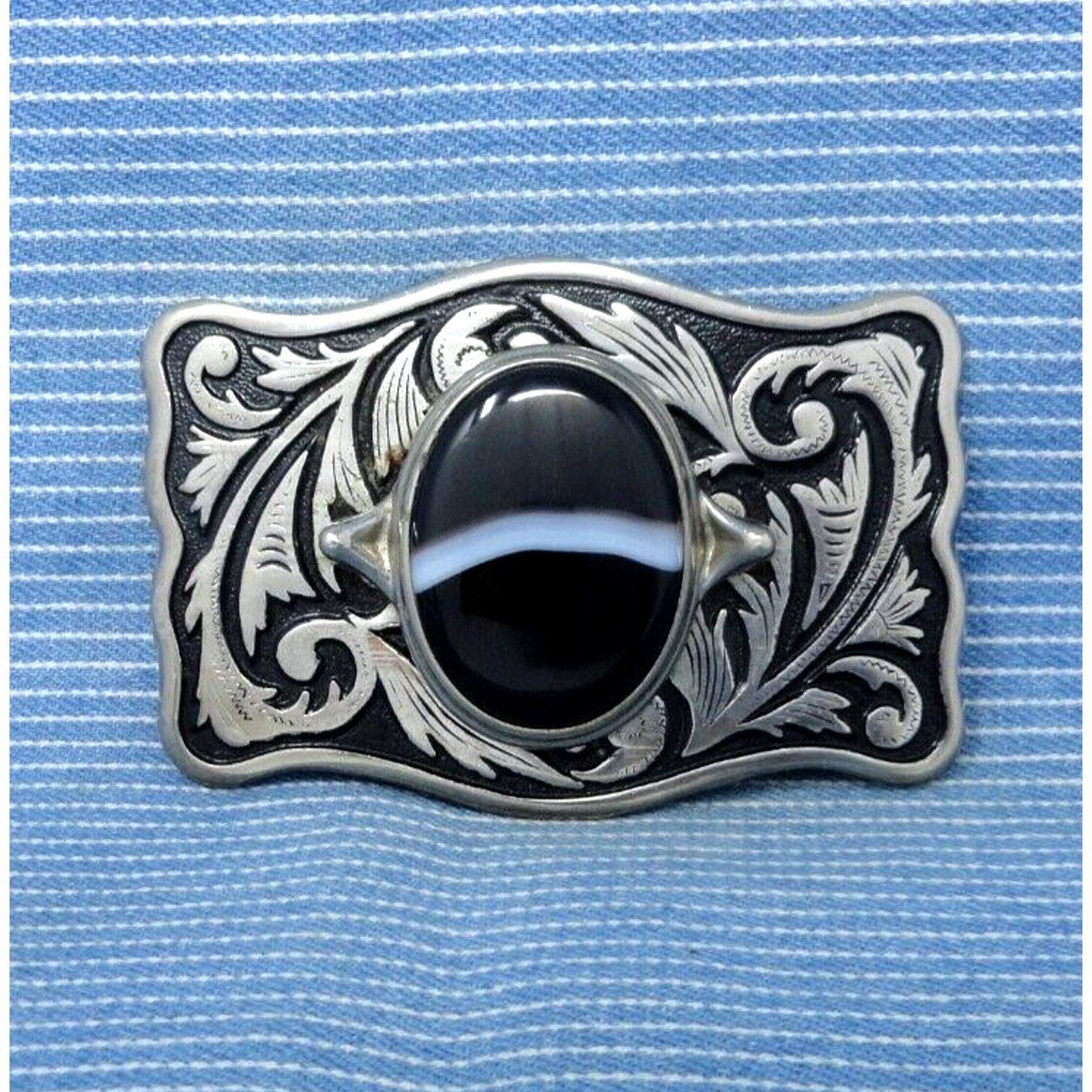 Western Scroll Belt Buckle Black Banded Agate Cowboy Cowgirl Vintage 80s .TYC282