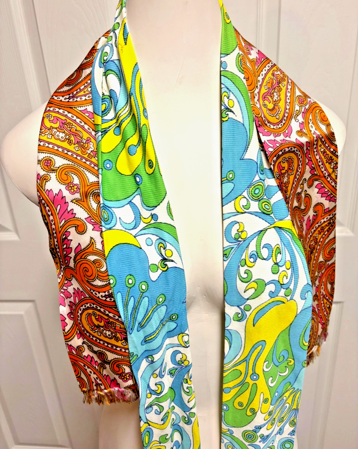 2 Vintage 60s 70s Head Scarf Hair Or Bag Tie Mod Abstract Hippy Psychedelic