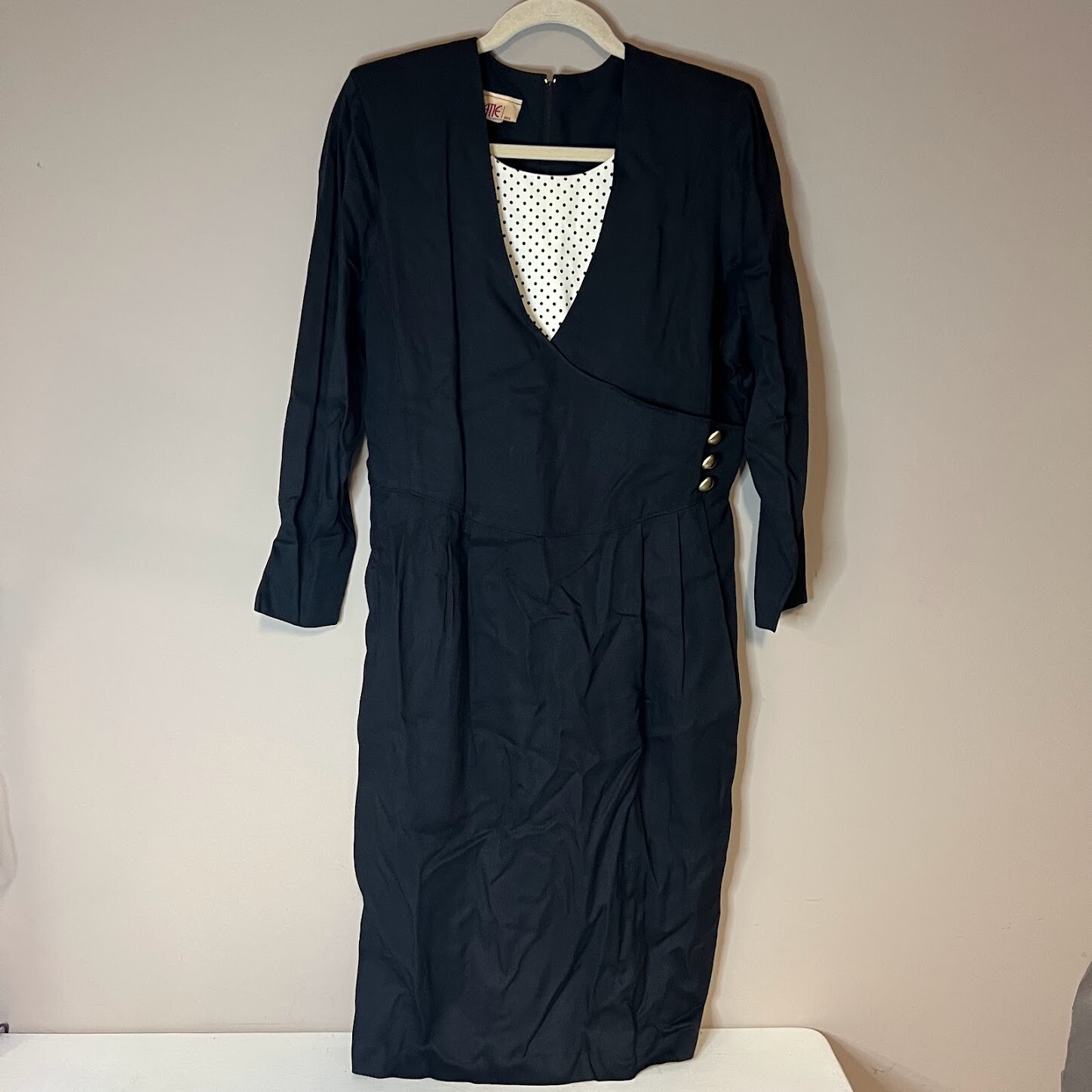 VTG 1980s Polka Dot Black White Faux Wrap Dress 80s Secretary Womens L/XL ?