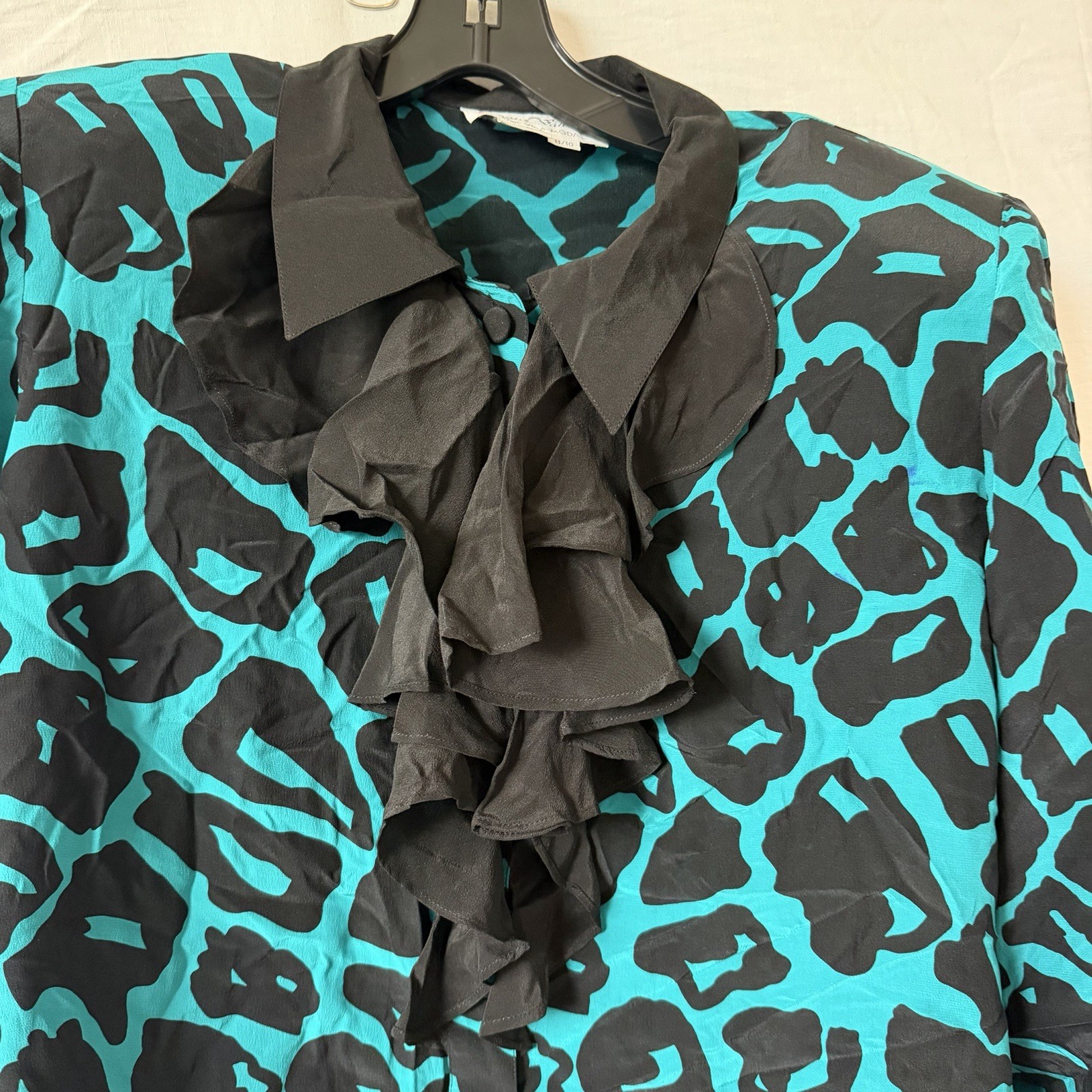 VTG Balla Valentina Silk Blouse Teal Black Animal Print Jabot Maximalist Retro M