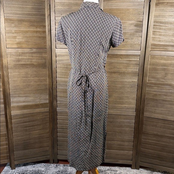 Karen Kane Vintage Black White Geometric Maxi Dress Button Front Tie Back Size 6