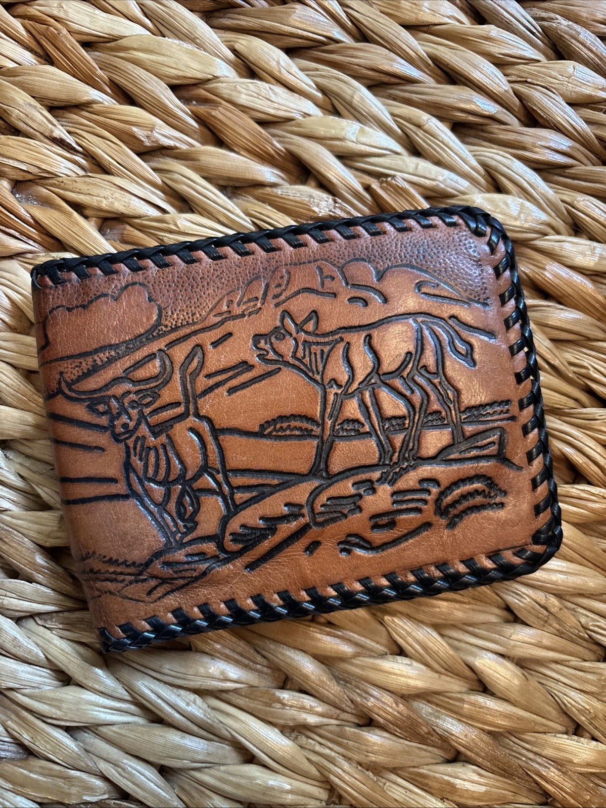 Vintage Tooled Wildlife Western Country Bifold Leather Whipstitch Brown Wallet