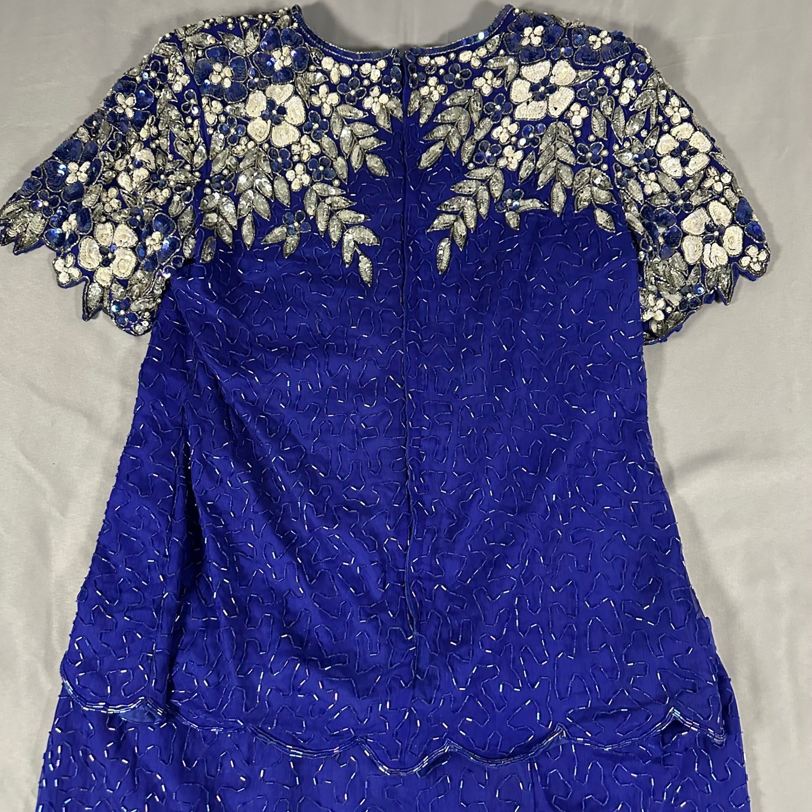 Stenay Beaded Silk Skirt Suit 14 Royal Blue Floral Sequin Vintage Excellent
