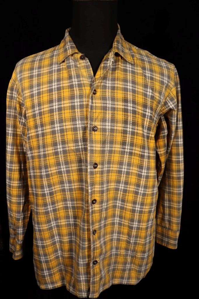 Vintage French 1950’s Yellow & Gray Plaid Cotton Shirt Size Large Very Good Cond