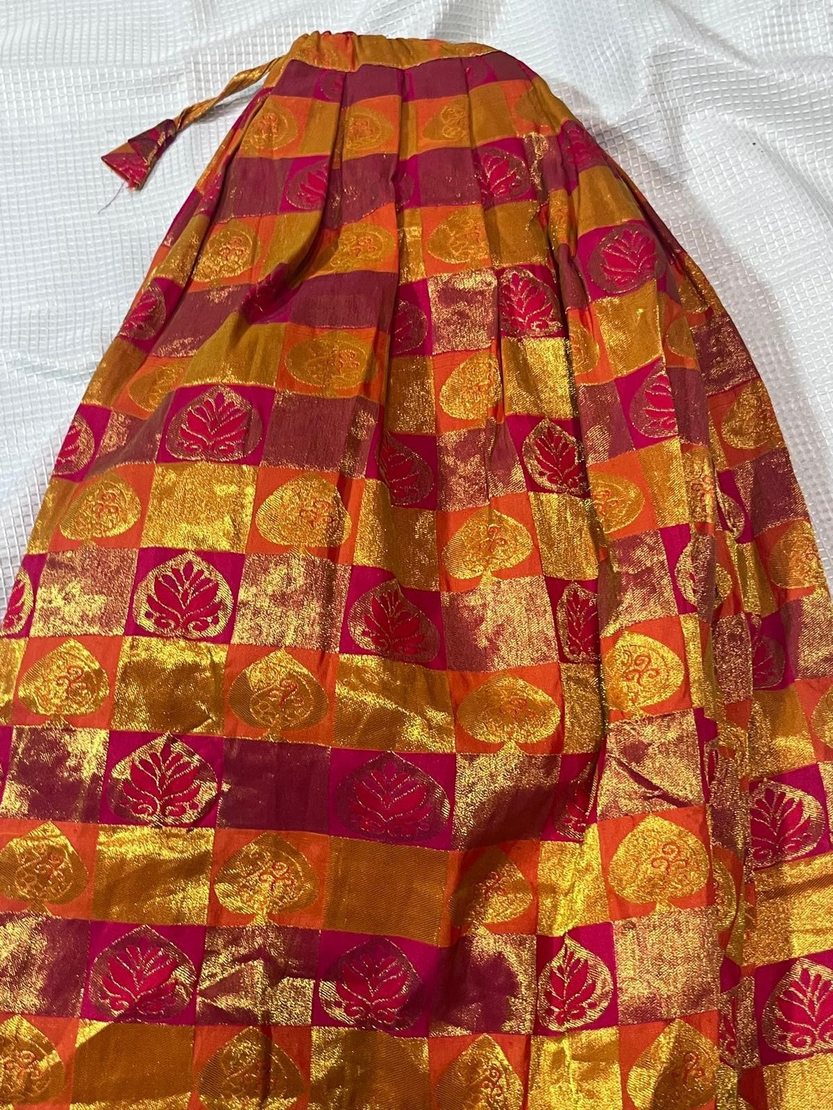 Vintage Metallic Gold Pink Brocade Maxi Skirt Ethnic Shiny Festive Drawstring