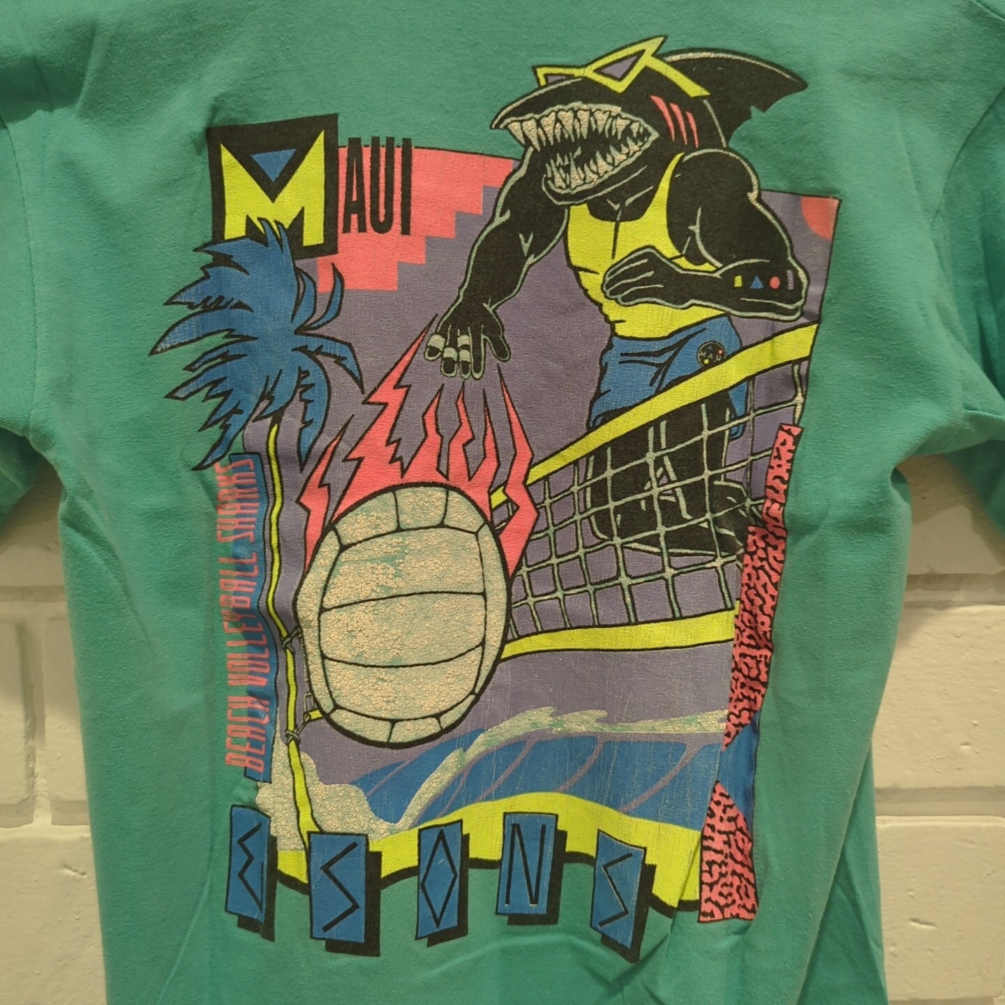 Vintage 90s Maui & Sons Single Stitch Medium Teal T-shirt Sharkman Volleyball