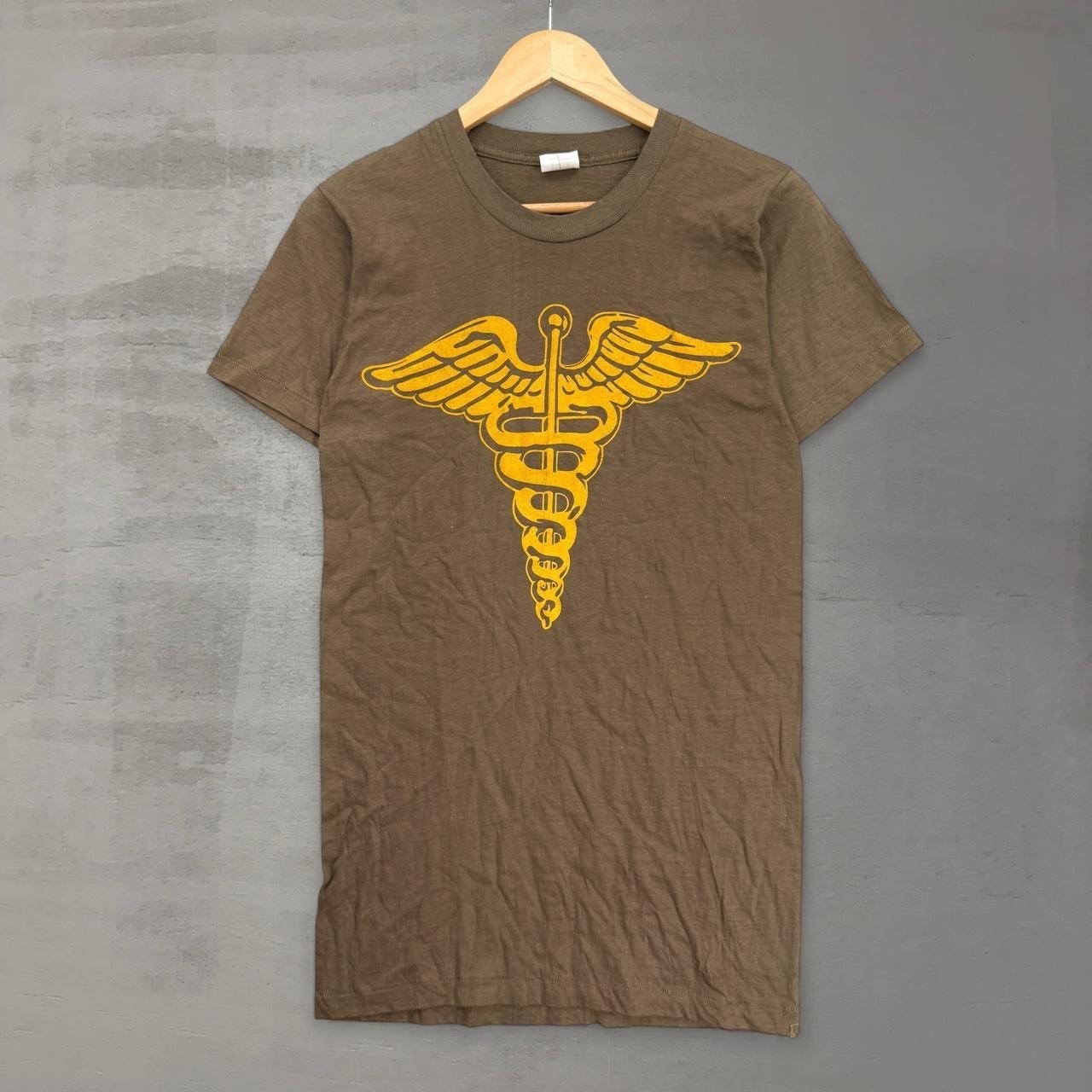 Vintage Union Underwear Co Military T-Shirt Brown Caduceus Graphic Small