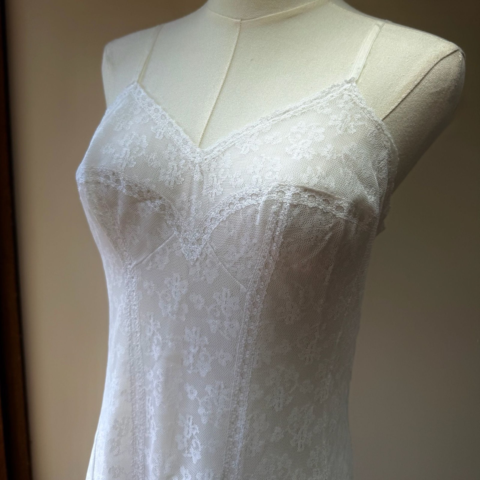 Vintage Perlon White Floral Lace Camisole Slip Dress