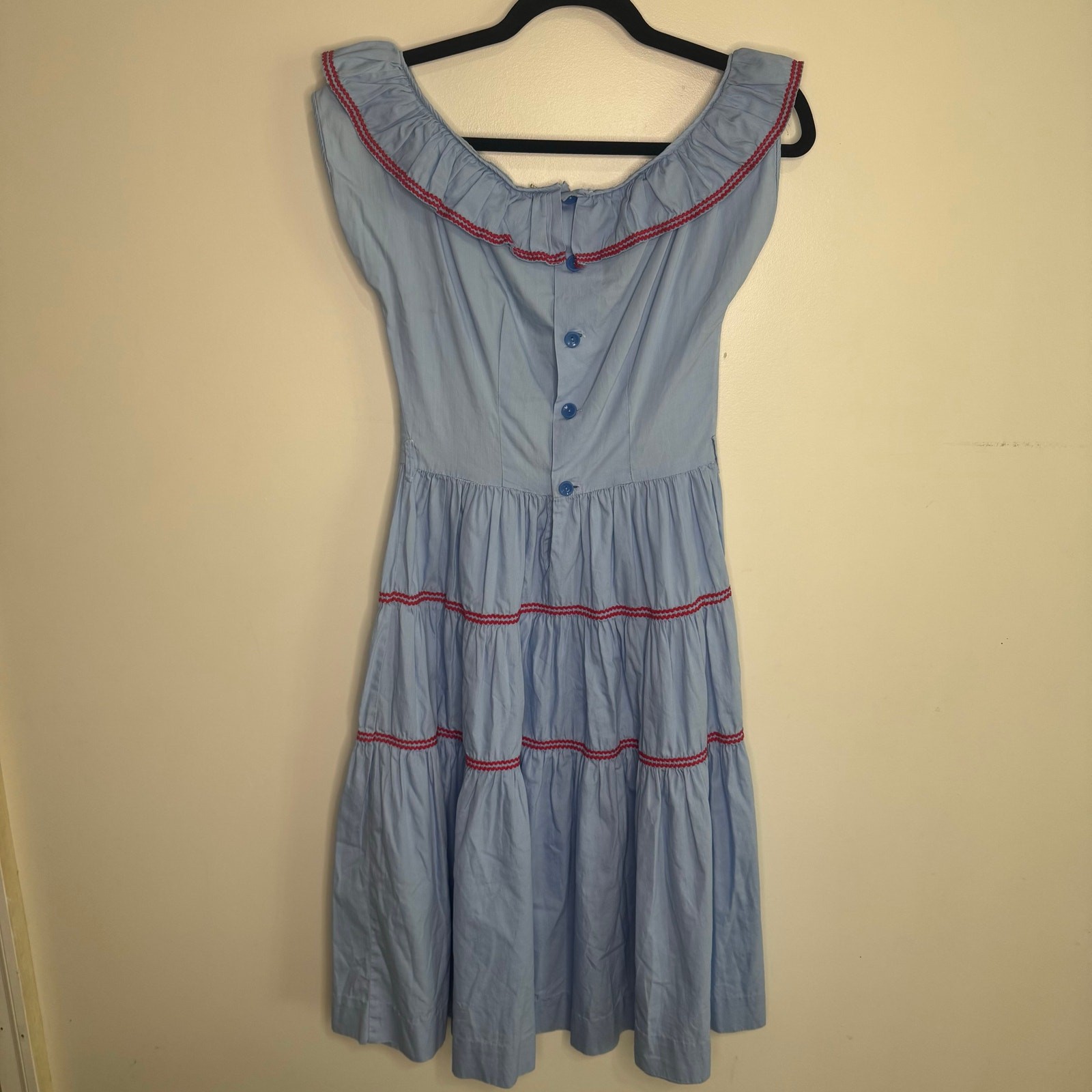 Vintage Handmade Blue Cotton Poplin Rick Rack Trim Fit & Flare Dress XS