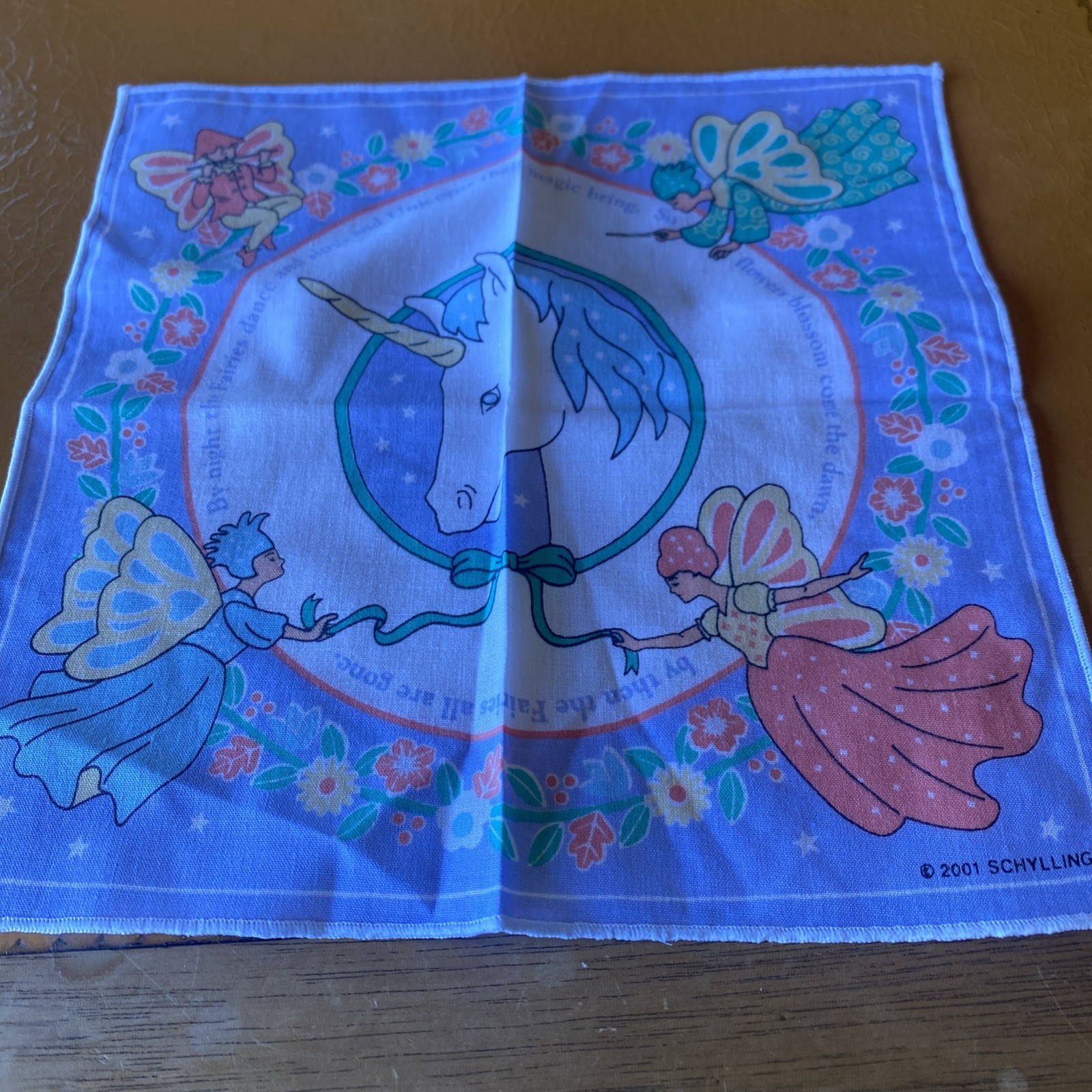 Vintage Schylling Childs Hankie Handkerchief Unicorn Fairies Pixies Fairy