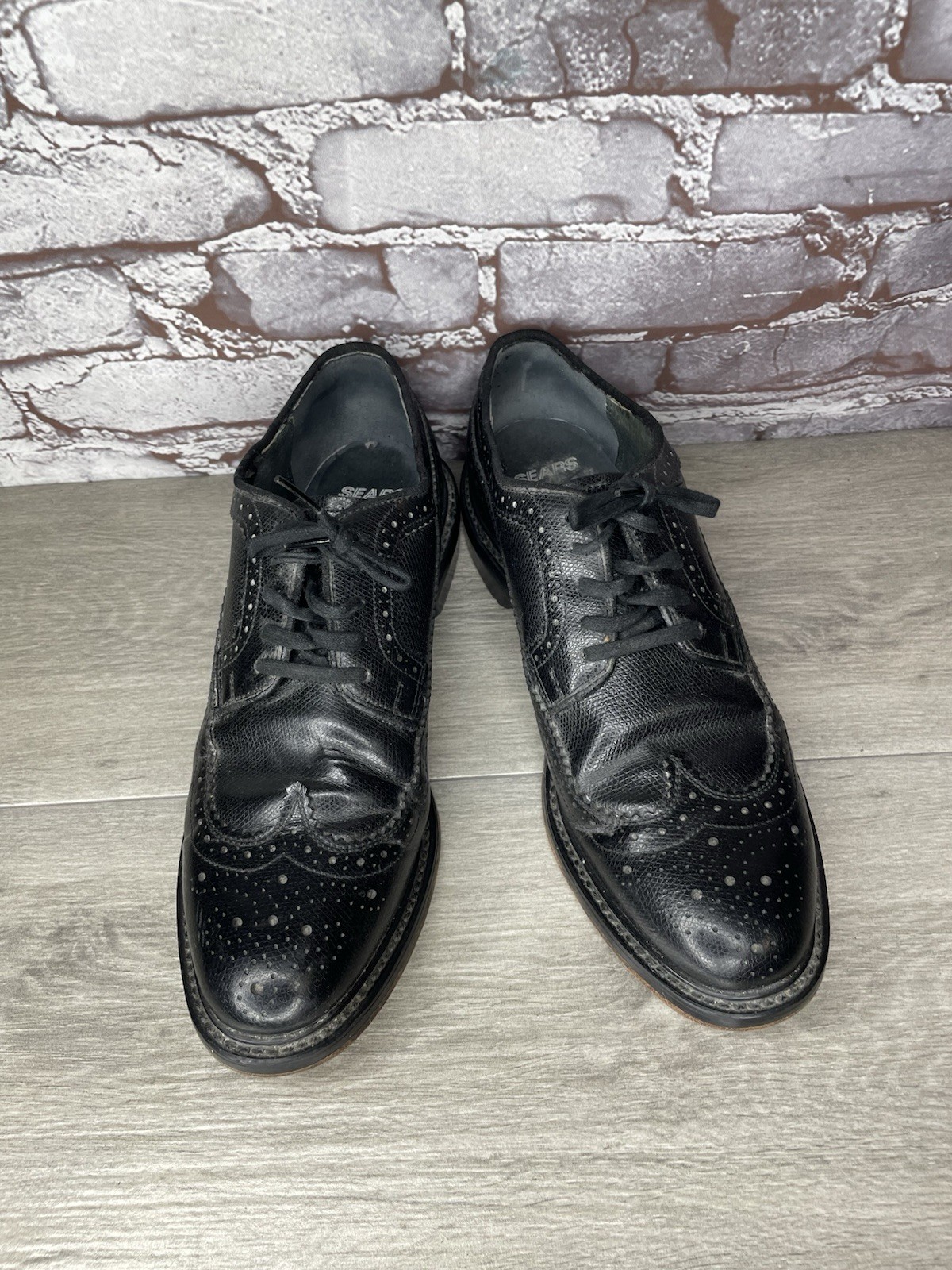 VINTAGE SEARS Black Leather Wingtip Lace Brogue Dress Shoes Men Sz 10D US/43EU