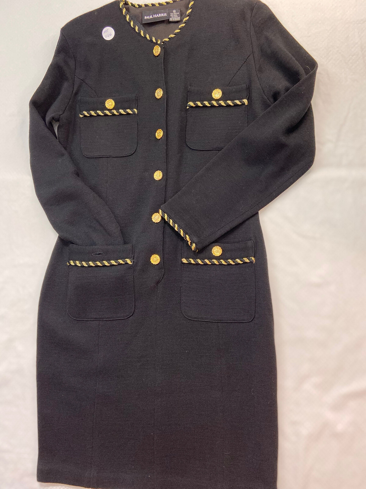 Vintage Paul Harris Dress Wool Blend Black Gold Elizabeth II Buttons Sz M