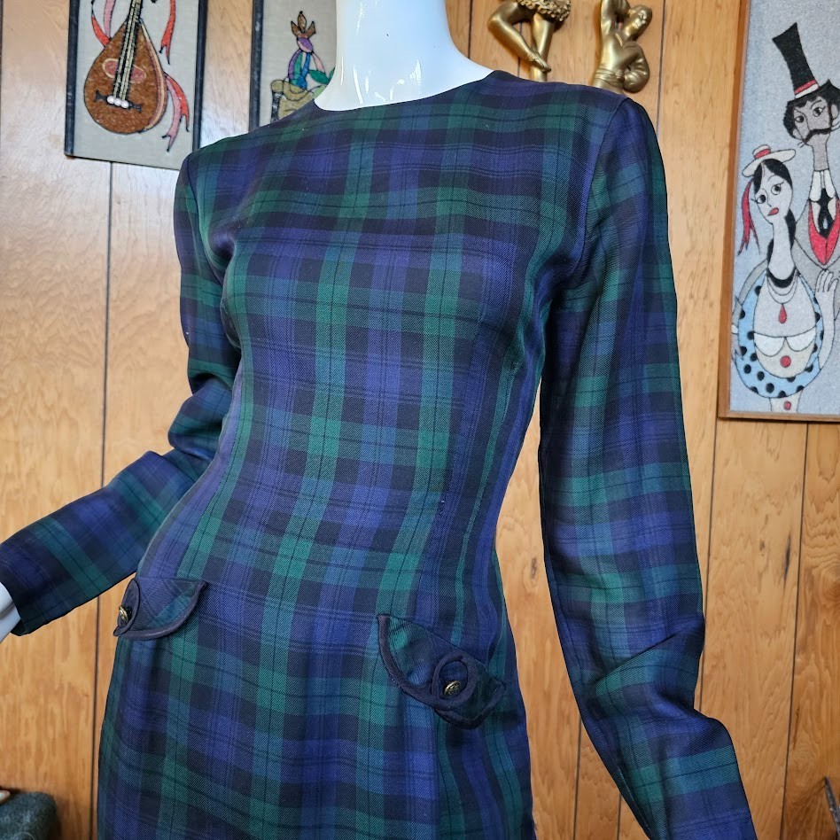 Vtg 90s Power Suit Office Plaid Mini Skirt Sexy Secretary Wiggle Sheath Dress M