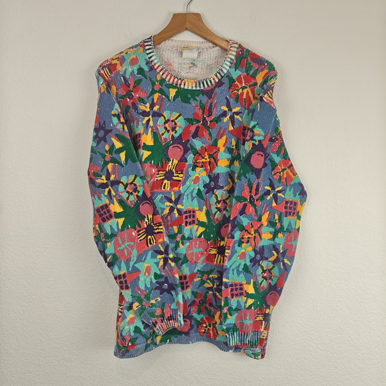 Ken Done Art To Wear VTG Colorful Knit Cotton Sweater Abstract Graphic Pullover