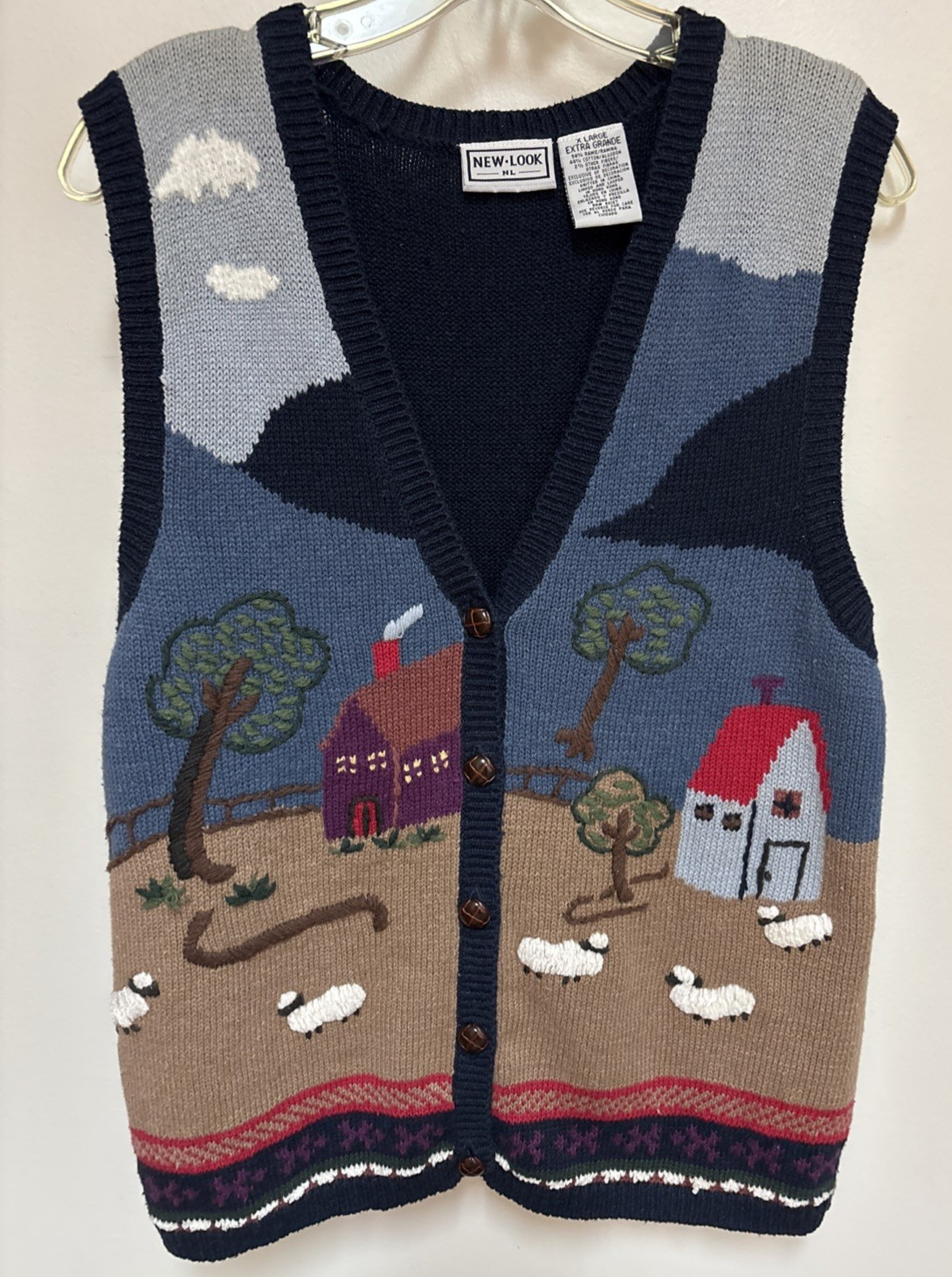 Vintage New Look Womens Farm Sheep Grandma Core Button Up Sweater Vest XL