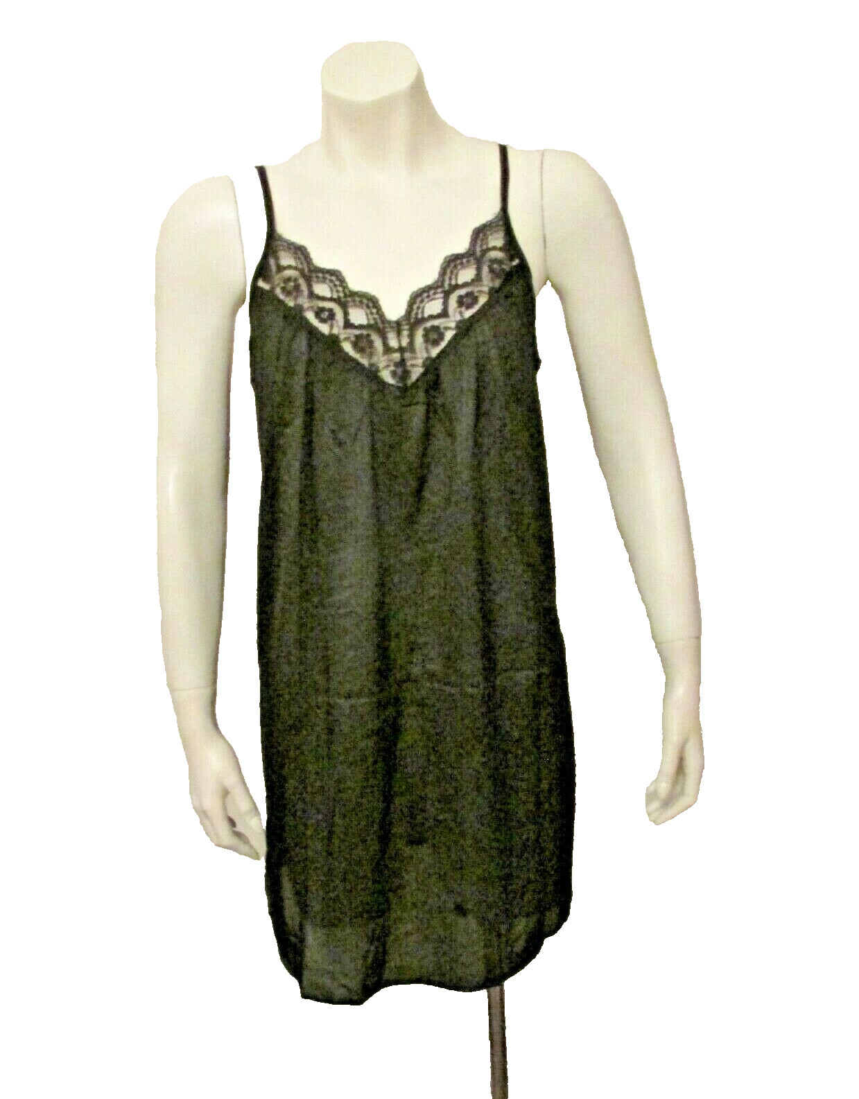 Nitewear Black Semi-Sheer Polyester Lace Trim Chemise Babydoll Nightie USA made