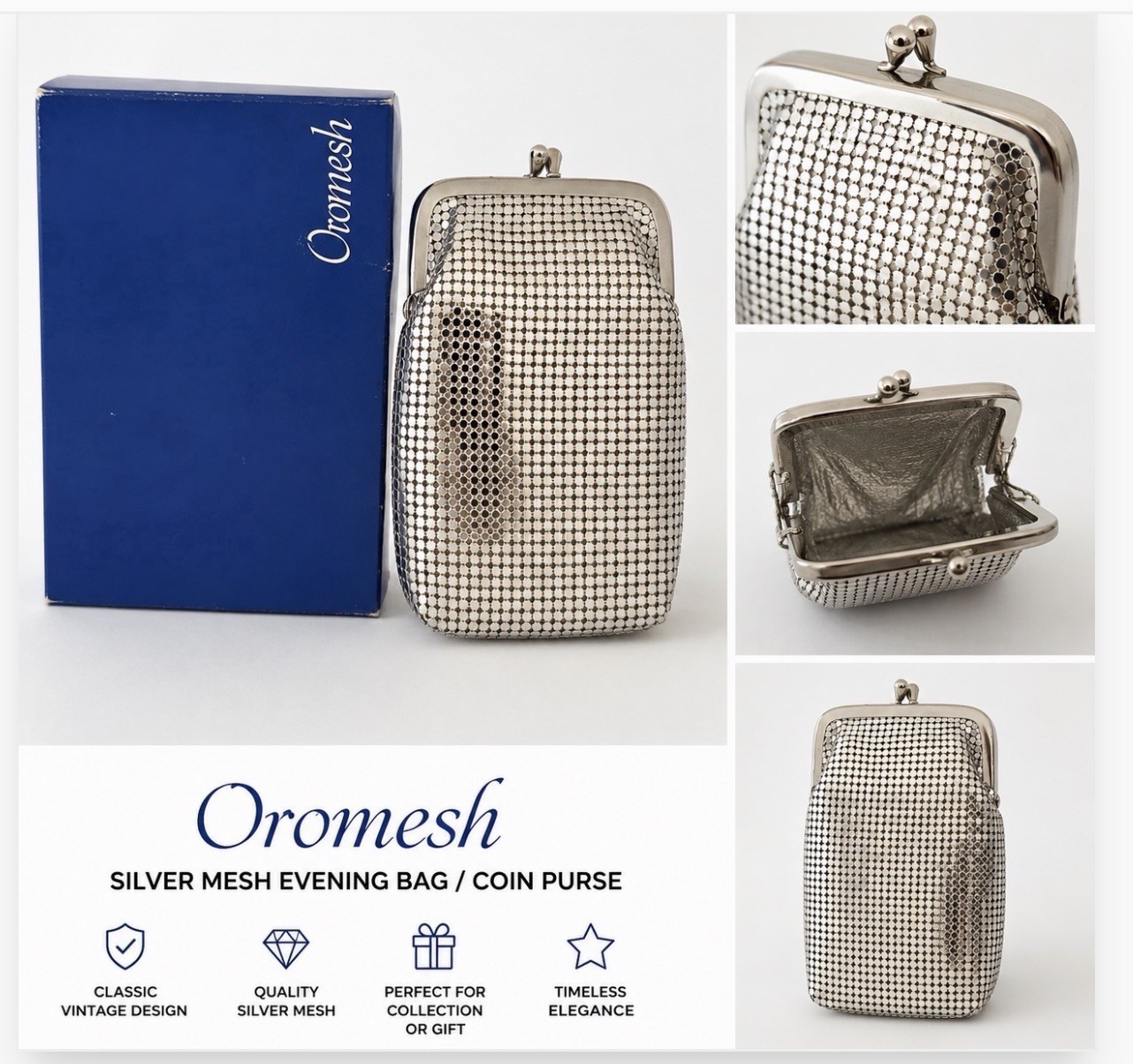 Oromesh Silver Mesh Evening Bag Coin Purse with Clasp for Women Formal