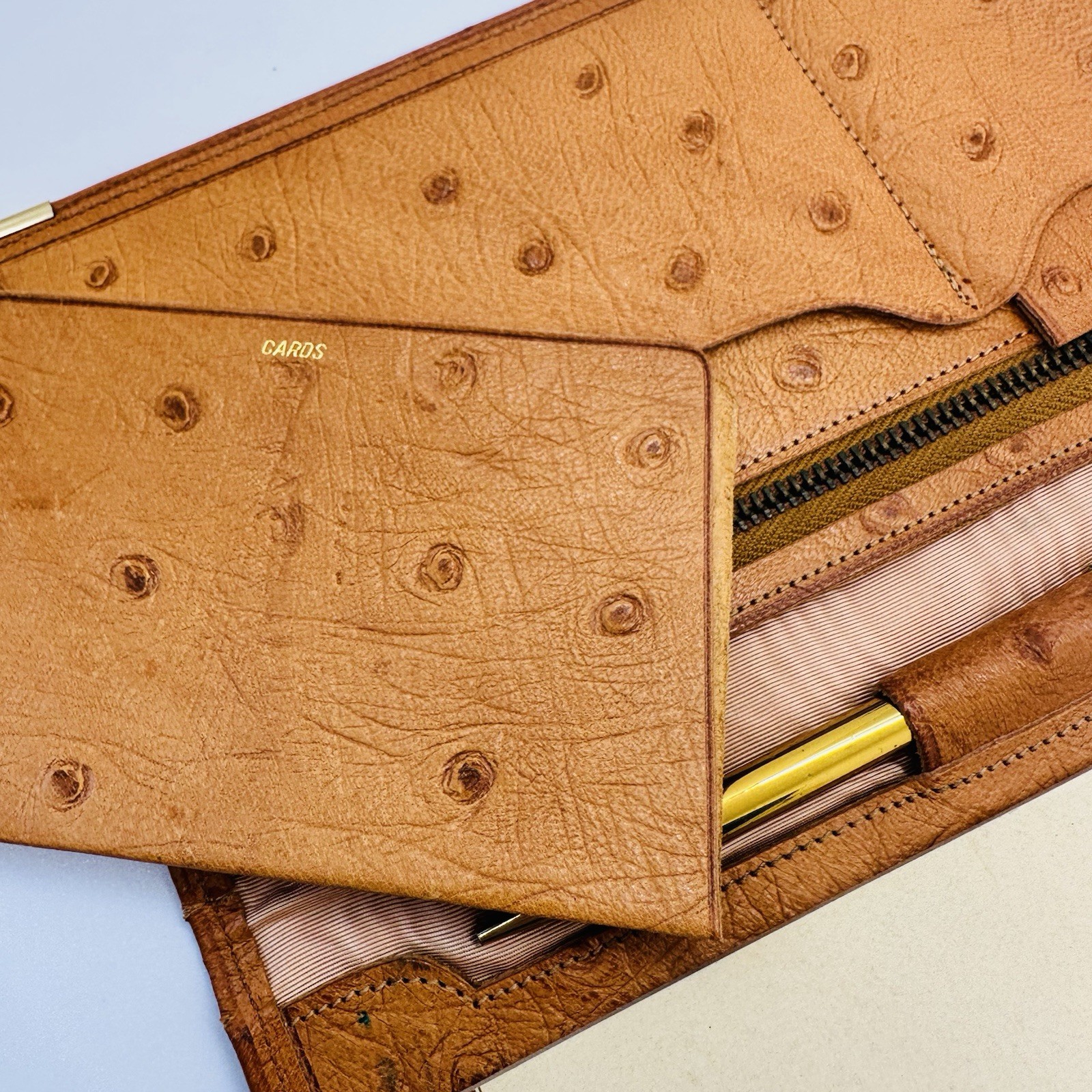 VTG 1950s Organizing Wallet Ostrich Leather With Mechanical Pencil Notepad