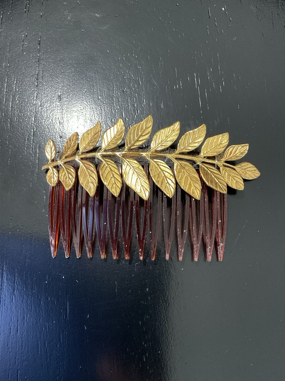 Vintage Gold Tone Leaf Hair Comb Tortoise Style Comb
