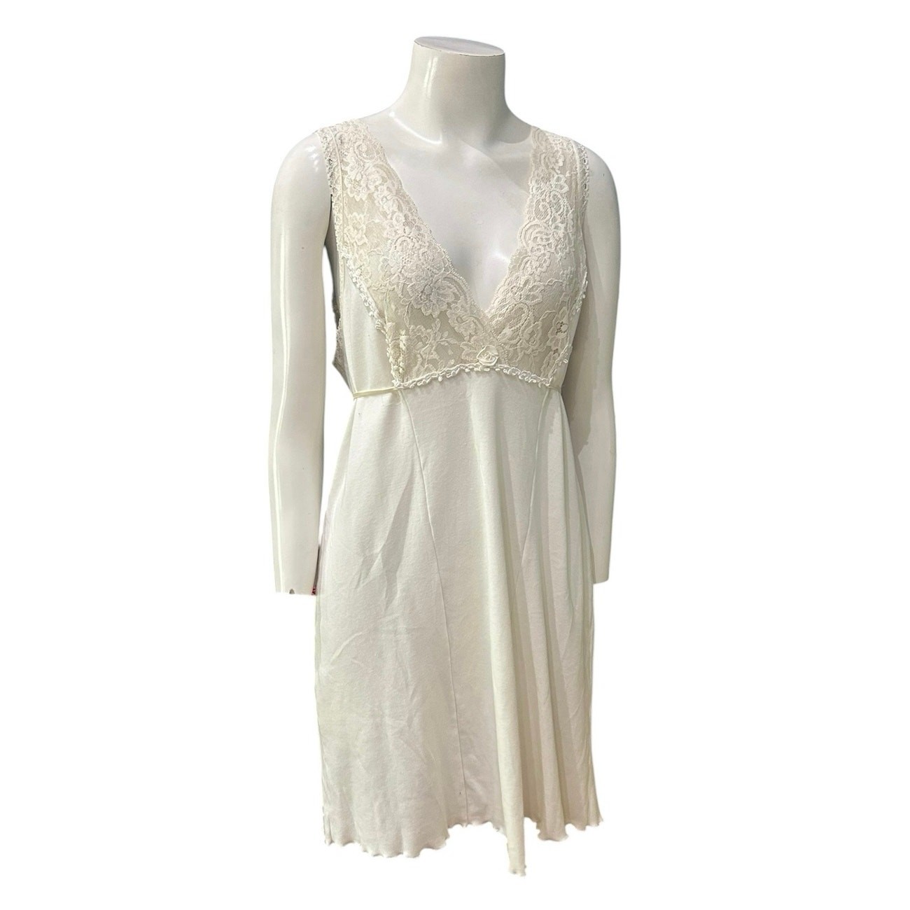 Vintage Ivory Lace Chemise Nightgown Soft Babydoll Sleep Dress M/L Tie Back ^