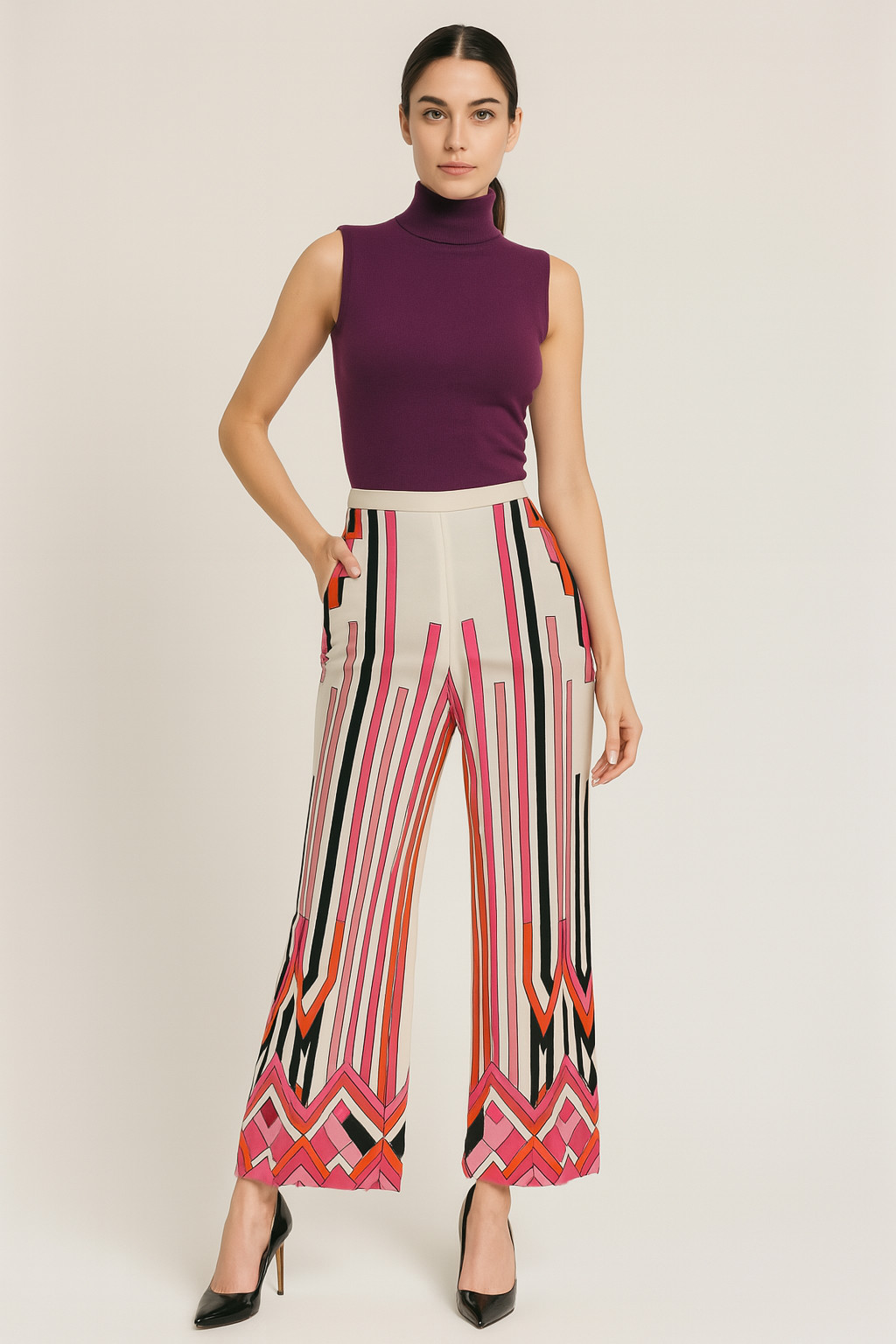 Vtg 60s 70s MISS SHAHEEN Op Art PSYCHEDELIC SCREEN Print Hostess CROP Pants M