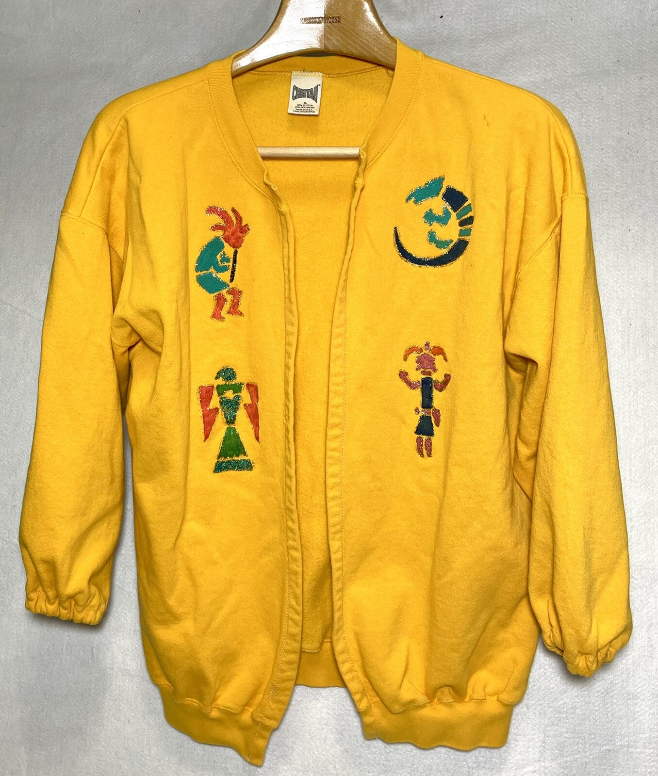 Cheetah Kokopelli Cardigan Art Handmade Open Front Yellow Jacket XL Vintage USA