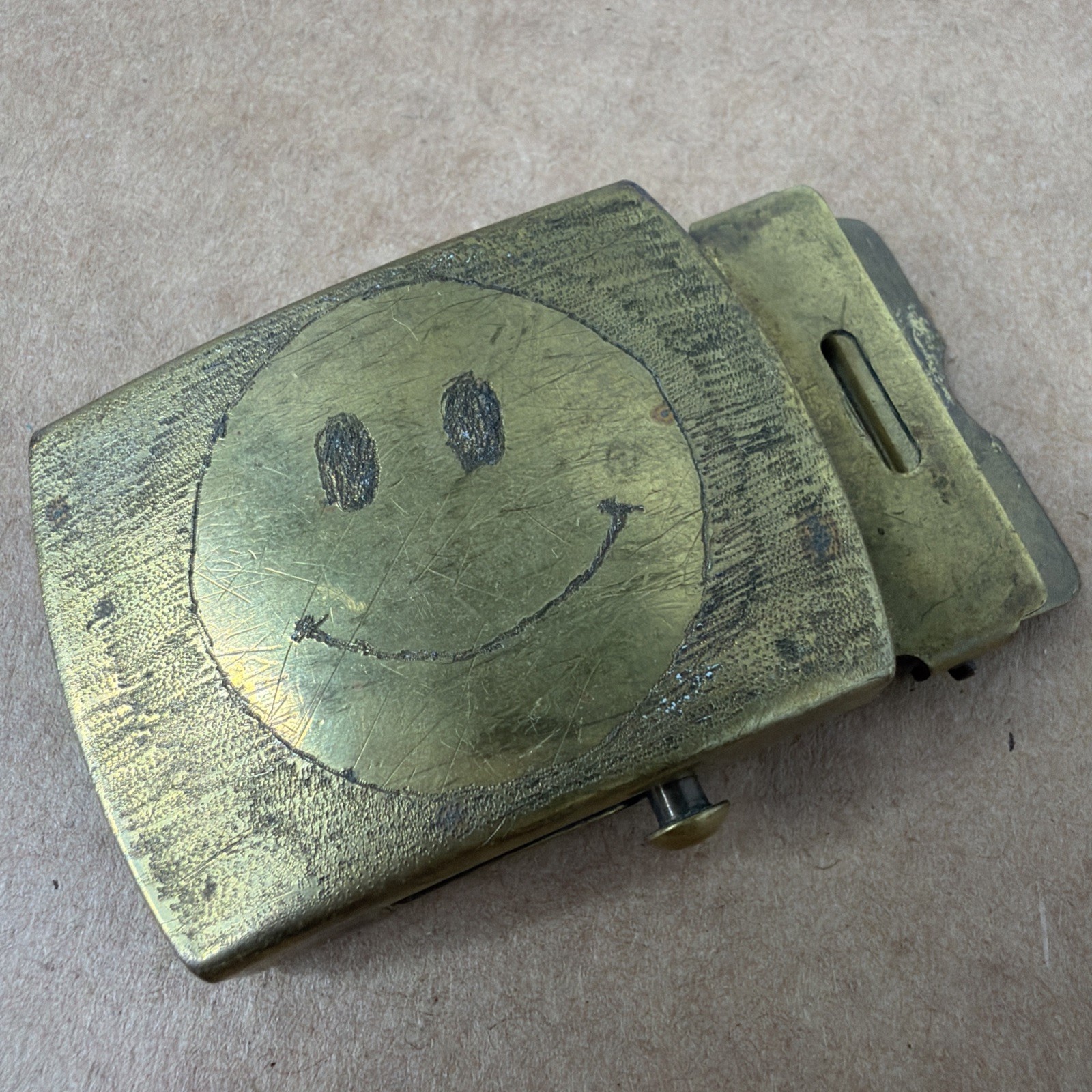 Vintage RAU U.S. Military Brass Belt Buckle SMILEY FACE USA BELT NOT INCLUDED
