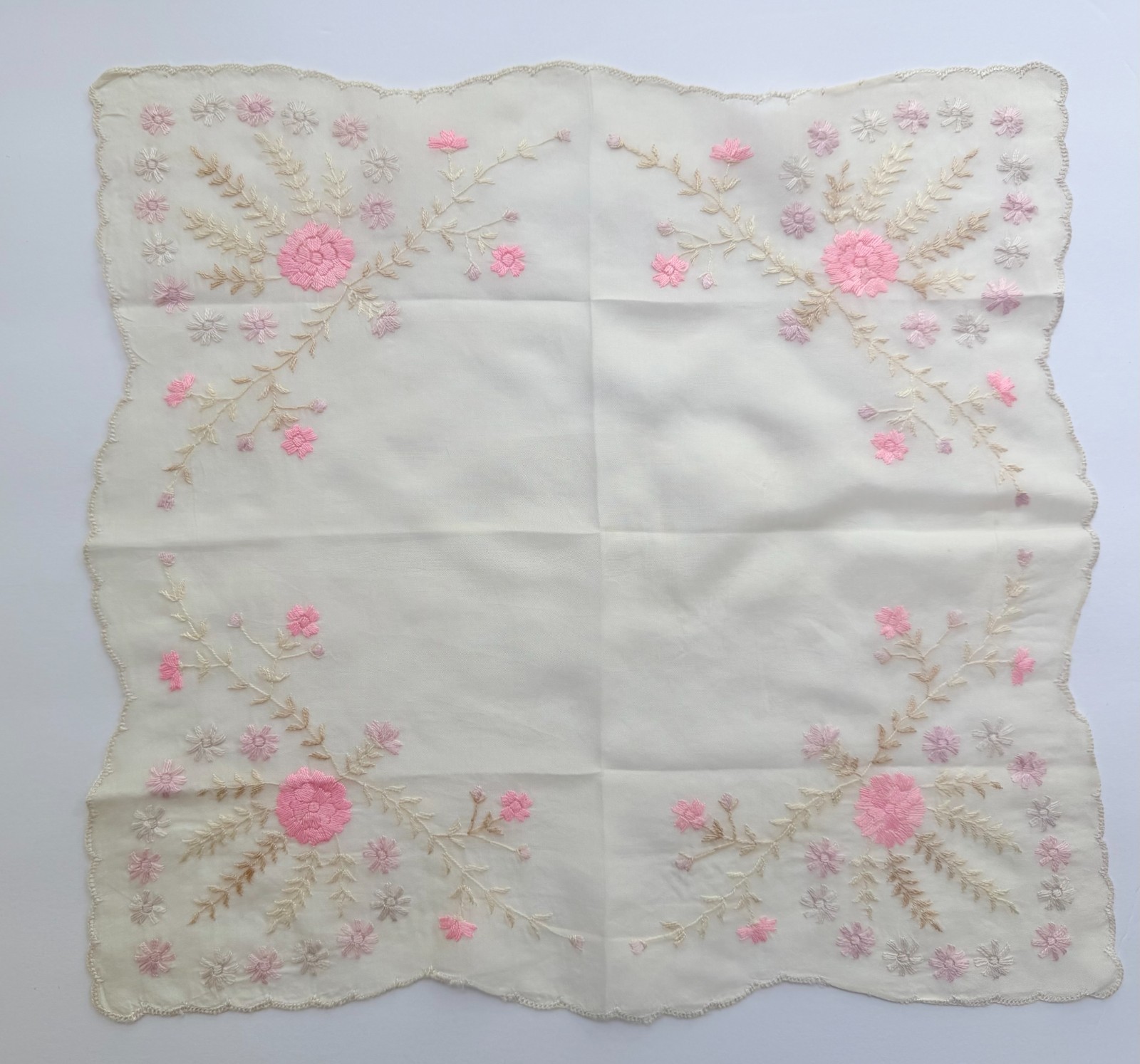VINTAGE ANTIQUE EMBROIDERED VICTORIAN HANKY PINK & BEIGE ON IVORY SILK EXCELLENT