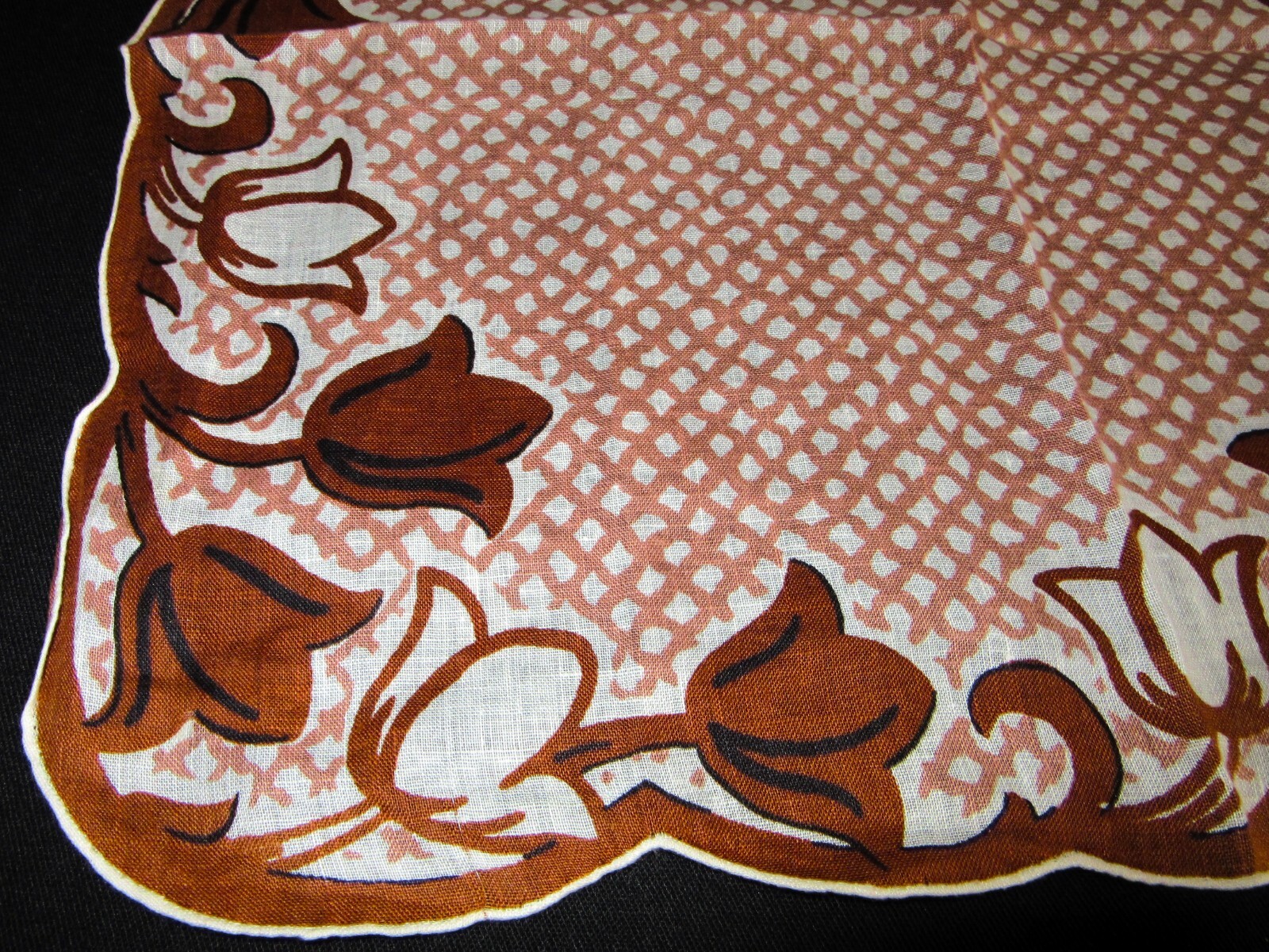 Vintage Hankie Linen Floral & Lattice Shades of Brown Hand Rolled Sweet!