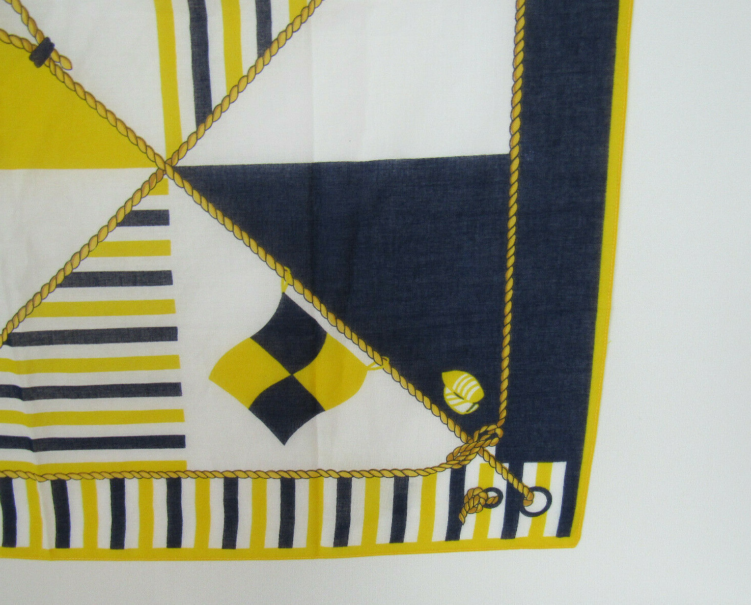 VTG 1960s NAUTICAL THEME LINEN SCARF 30 1/4″ by 29 3/4″ YELLOW BLUE WHITE