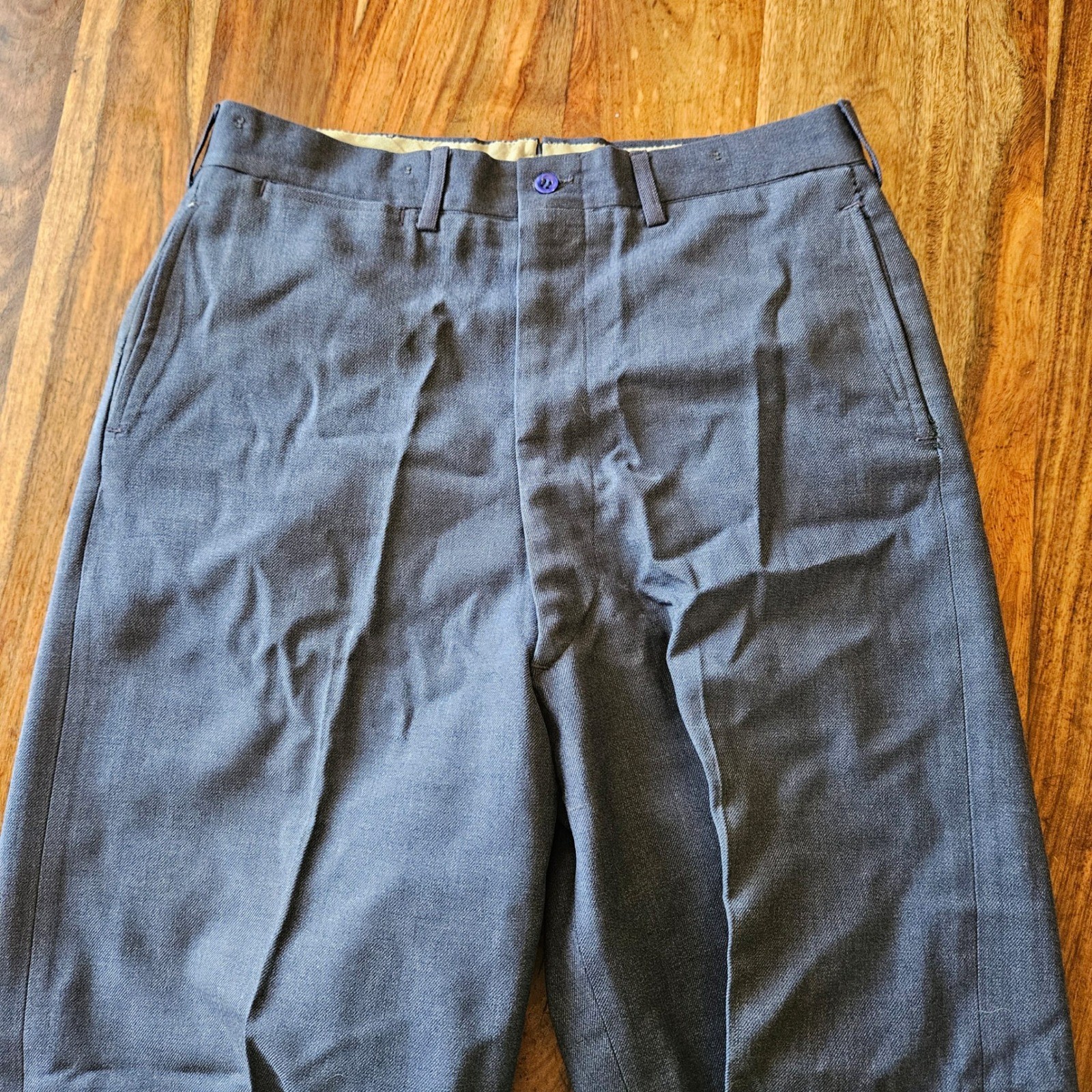Vintage Unform Blue Grey Wool Twill Trousers High Waisted Straight Leg Pants 32