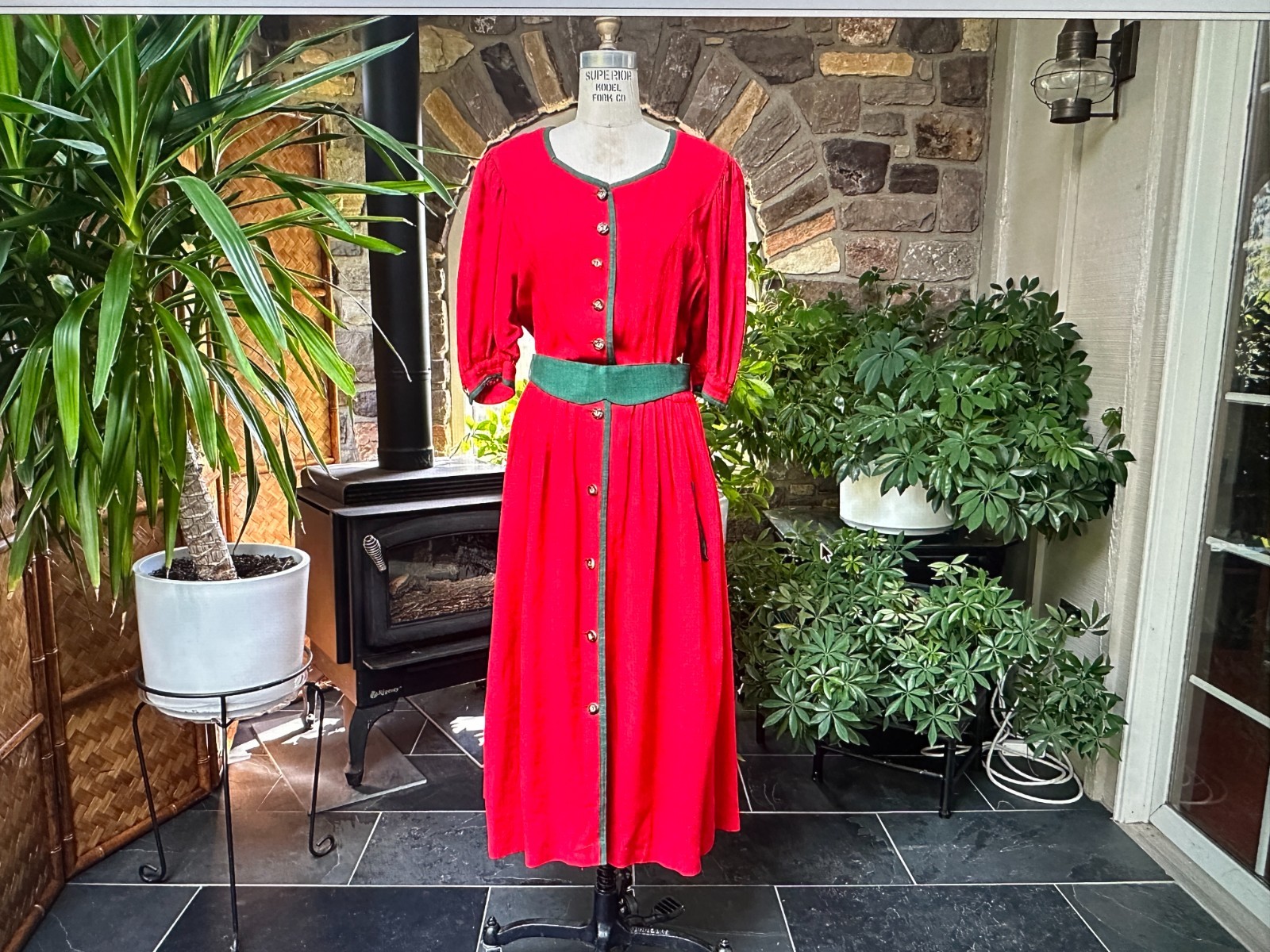 Vintage Austrian Red and Green Linen Cotton Blend Midi Dirndl Dress