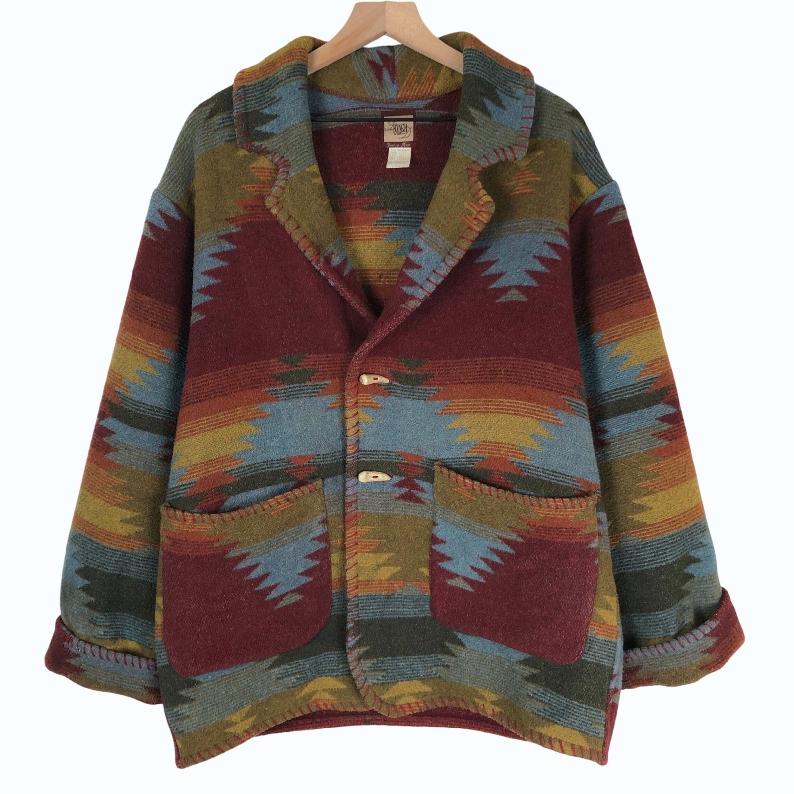 VTG Double D Ranch Wear Southwestern Aztec Wool Blend Blanket Coat Sz L Pockets