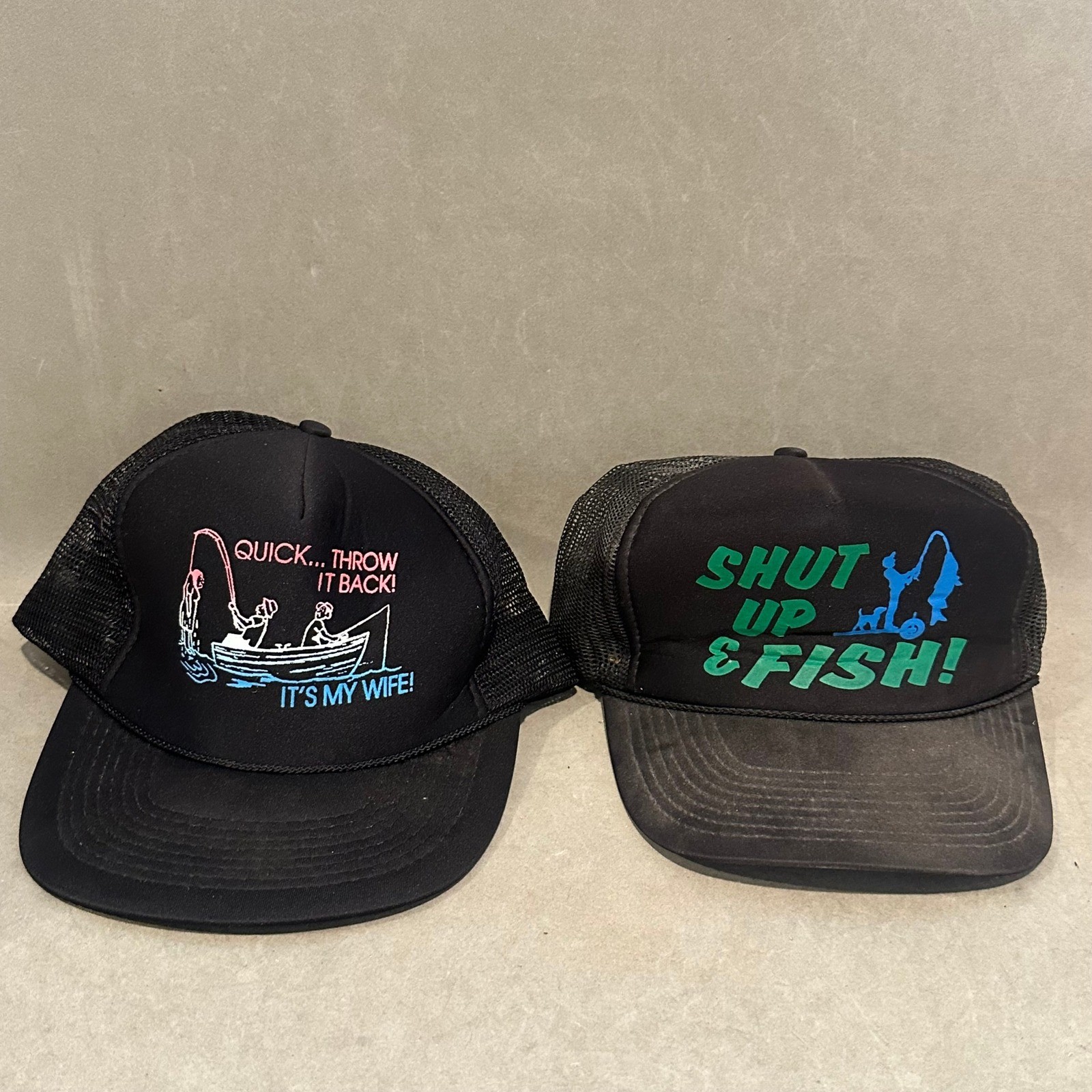 Vintage Fishing Trucker Hat Lot Shut Up & Fish Quick Throw It Back Novelty 2pc