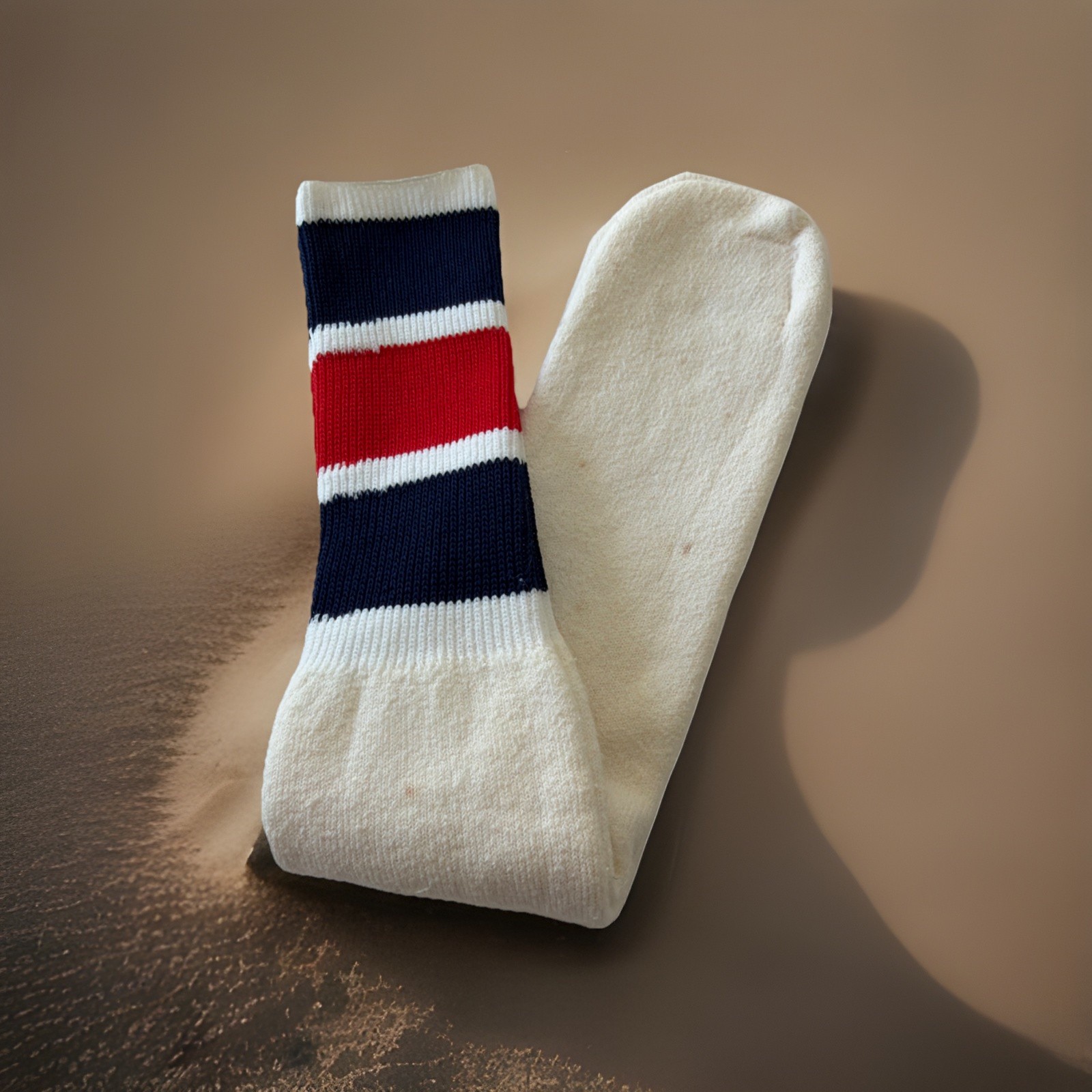 VTG Tube Socks 21” White Navy Blue Yellow Red 80’s New Acrylic Blend Striped