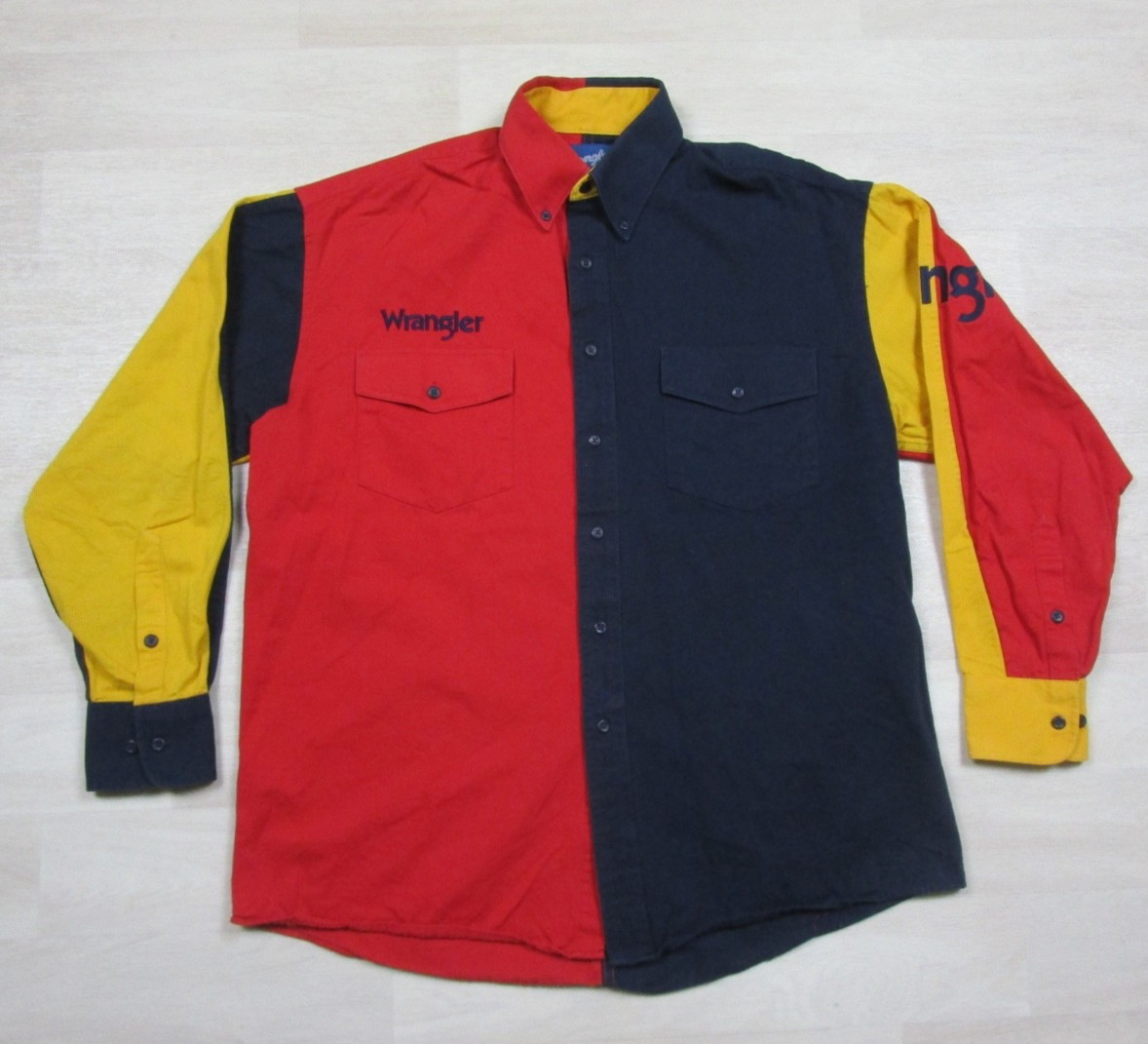 Vintage 90s Wrangler Brushpopper Western Shirt (L) Color Block Ranch Rodeo