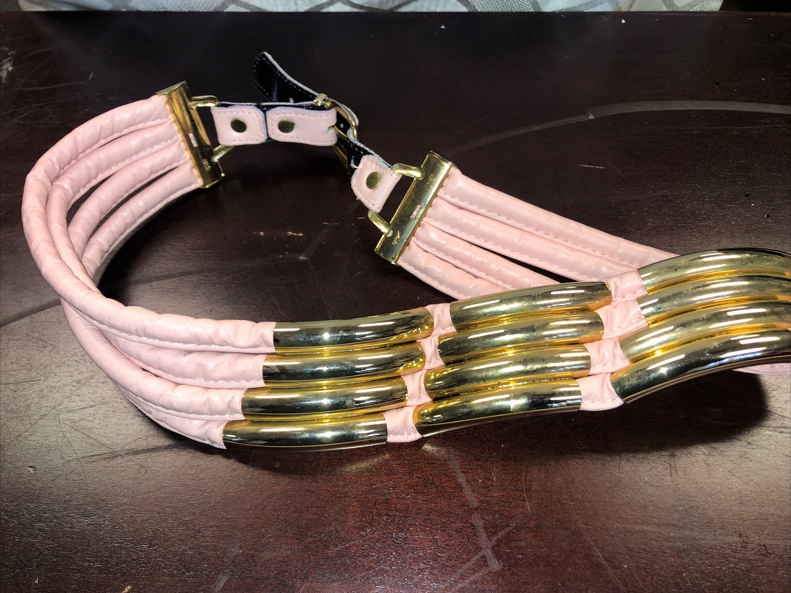 Awesome vintage 1980s Pink Leather Belt With Gold Metal accents