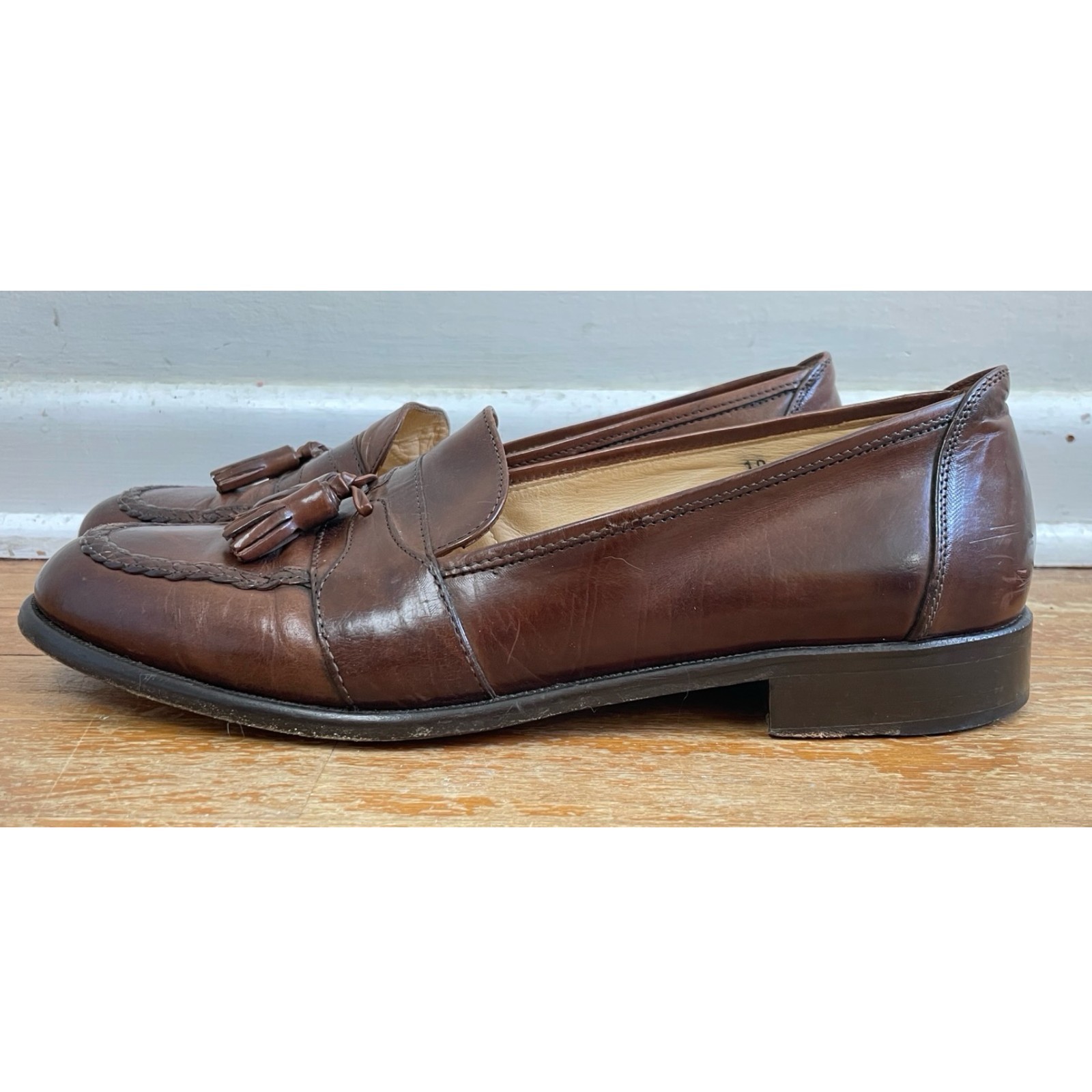 Vintage Mens Alfani Tassel Loafers Size 10 90s Brown Leather Slip On Shoes