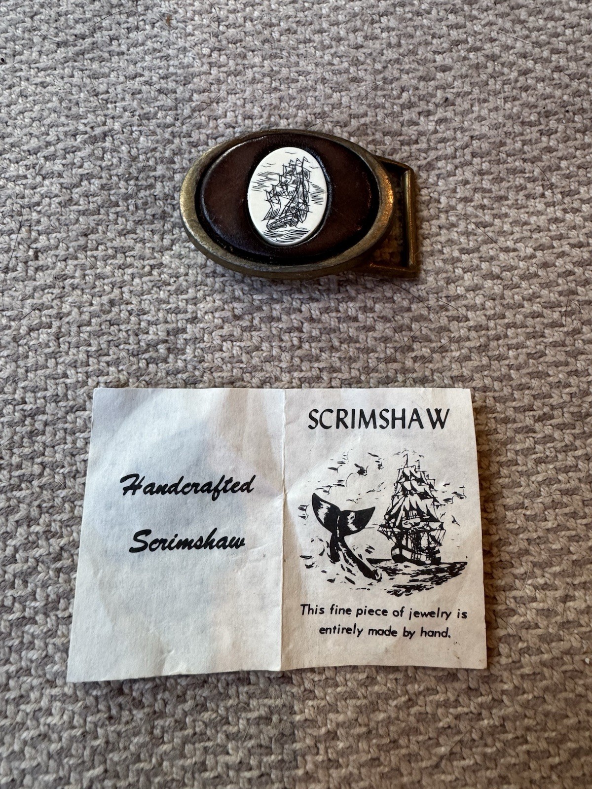 Unisex Solid Brass and Wood with Hand-Carved Sailing Ship Oval Belt Buckle