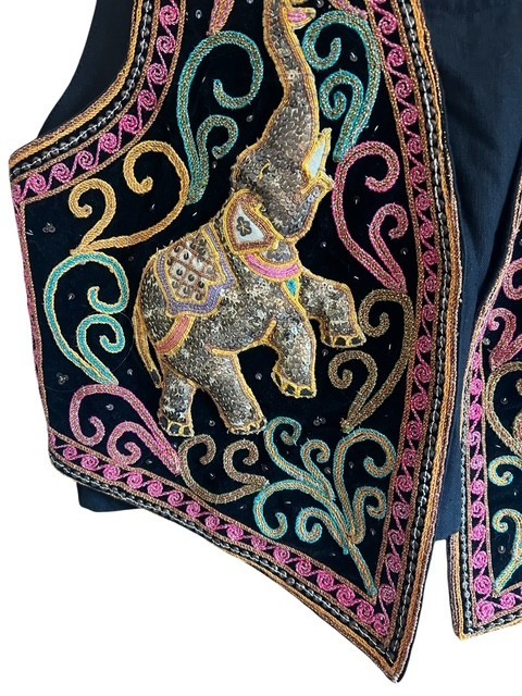Vtg 90s Artisan Handmade Thai Elephant Vest Beaded 3D Puffed Boho Art to Wear L