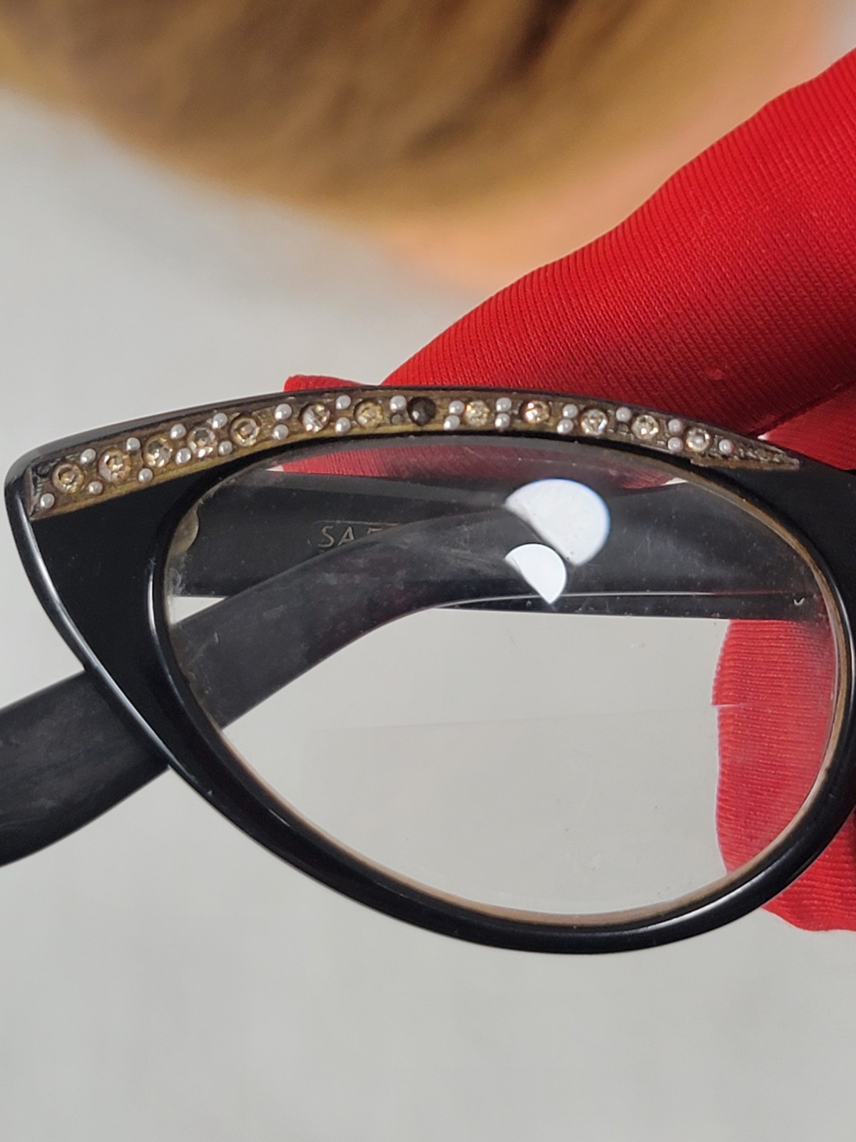 Vintage 1960s SAFILO Fedra Rhinestone Cat Eye Glasses Black Frame Italy 5 3/4″